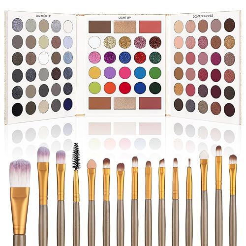 UCANBE Paleta de sombras de ojos con 15 pinceles de maquillaje, paleta de maquillaje de ojos pigmentada, juego de regalo festivo, polvo de sombra de