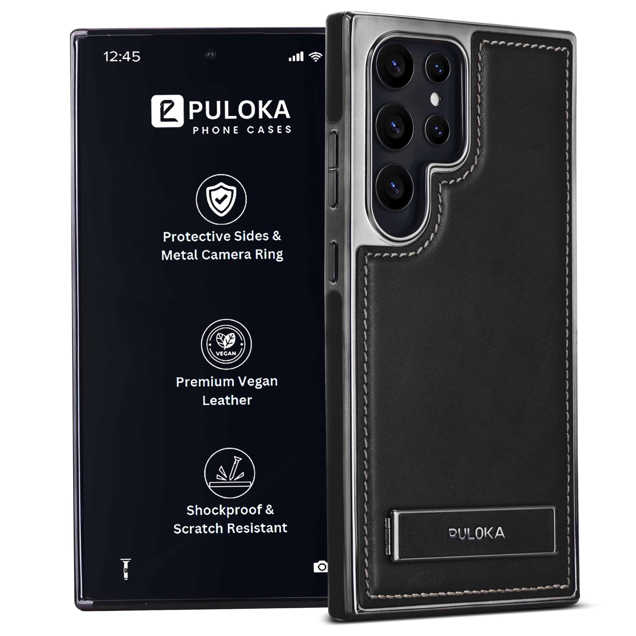 PULOKA Chrome Leather Back Case - Compatible with S23 Ultra - Luxury Bumper Case - Flexible Vegan Leather - Kickstand Function & Electroplated Sides - Full Camera Protetection & Raised Edges - Black (B0DF83B9N8) Amazon Price History, Amazon Price Tracker