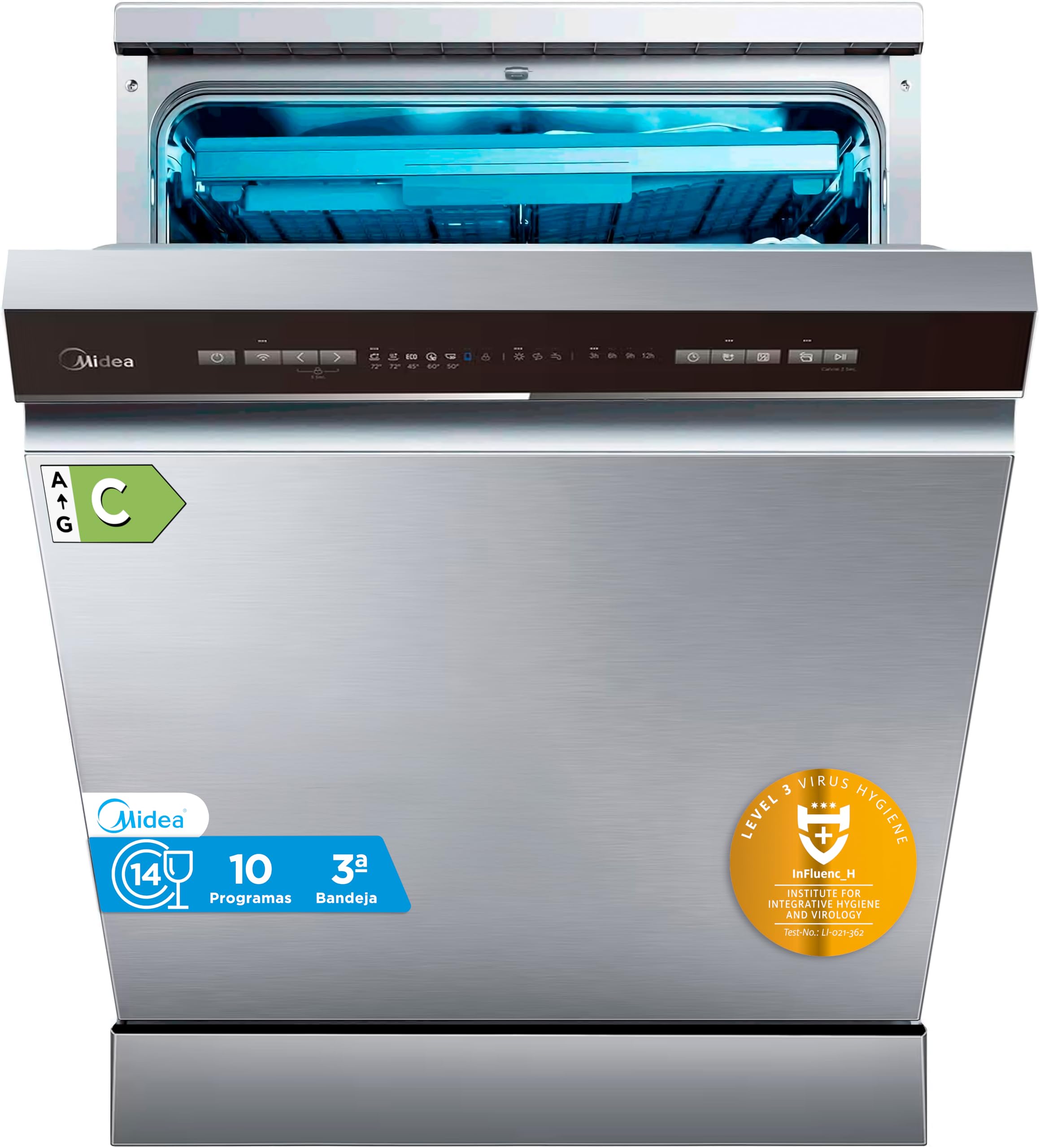 Midea Lavavajillas 60 cm+++ Inox para 14 servicios - Lavaplatos libre instalación - Compacto con 10 Programas de Lavado integrable - Filtro Antibacterias y Programación Horaria Nuevo Modelo