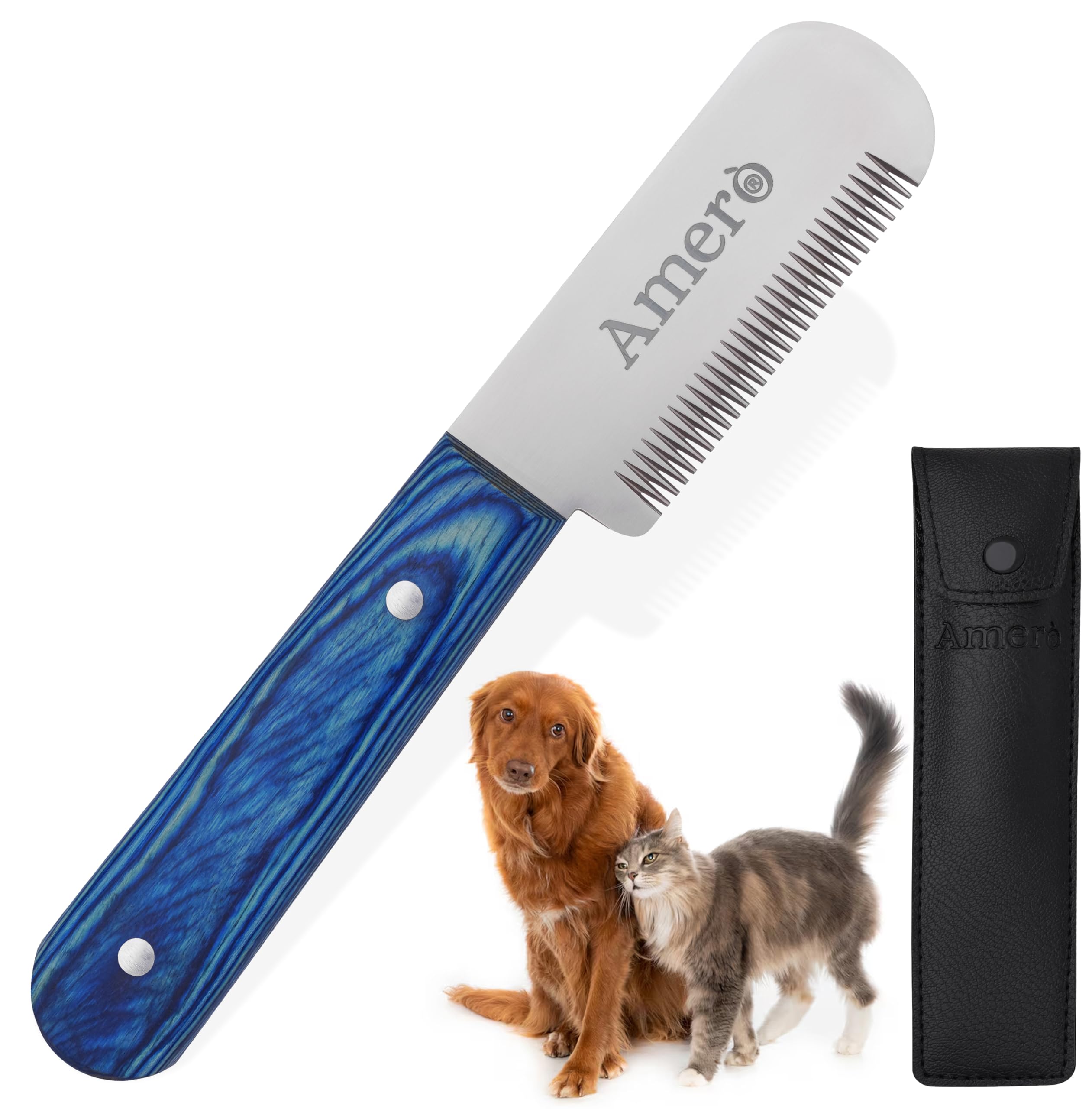 AmerÒ Dog Stripping Knife – Right Handed Grooming Tool for Dogs, Ergonomic Wooden Handle, Hand Stripping Knife for Border Terrier & Wire Coat Grooming – Durable & Precise (Blue)