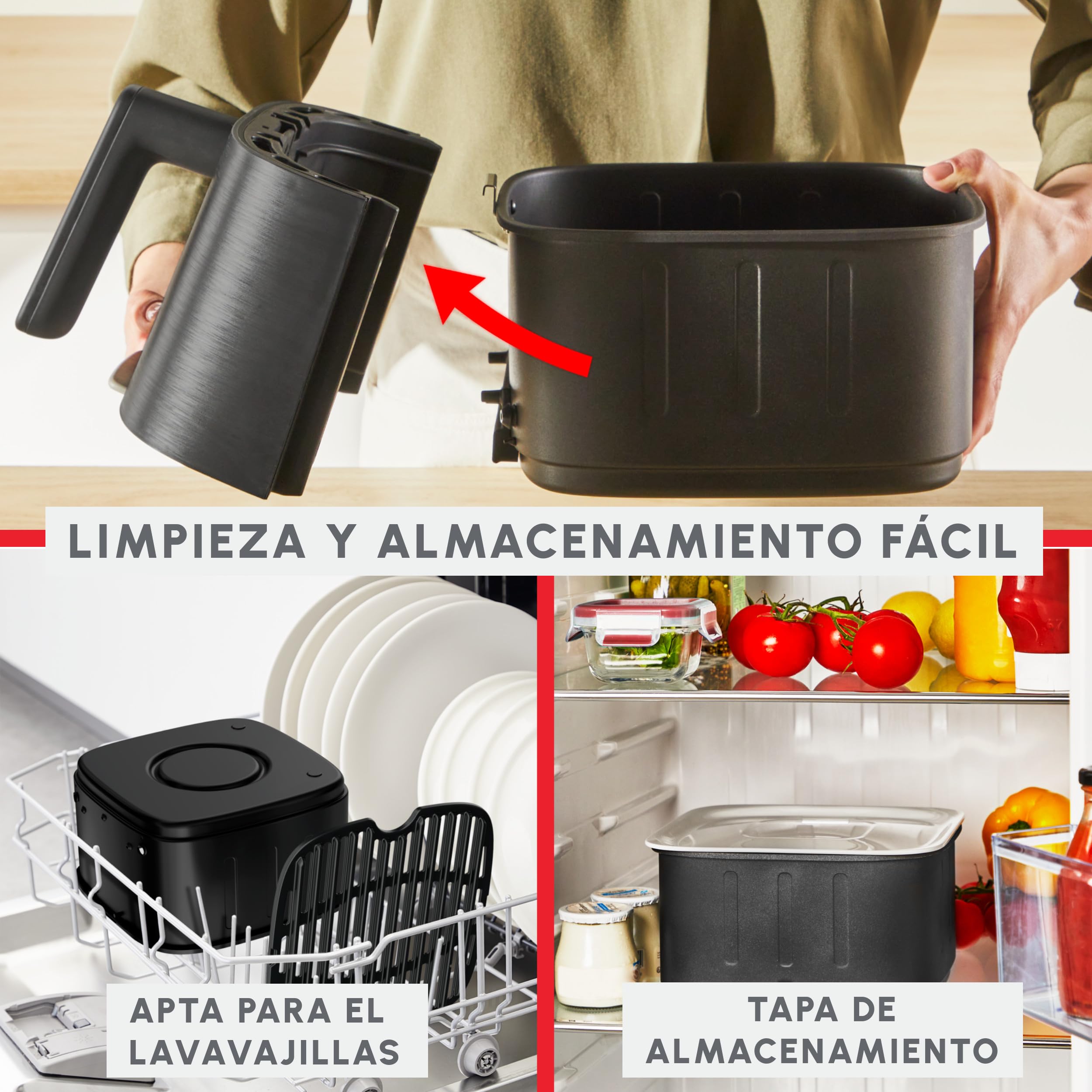 Moulinex Easy Fry Silence, freidora de aire, Cesta de Almacenaje 5L, Tecnología Silenciosa, Sistema de Limpieza y Almacenamiento Fácil, 10 programas, Negra, EZ5528F0