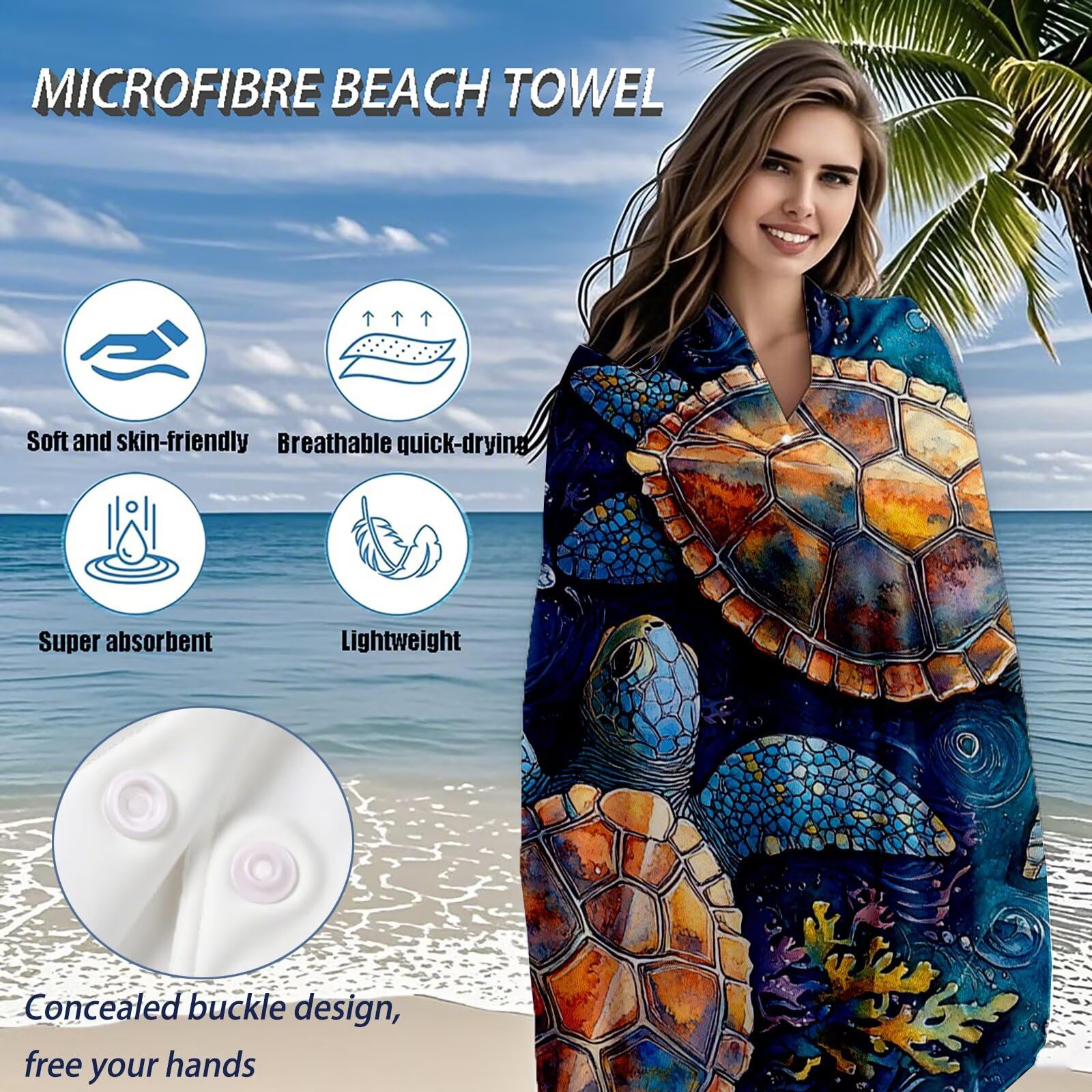 Serviette de Plage XXL 100x200 cm,Tortues de mer Serviette Plage Microfibre avec Séchage Rapide Anti-Sable Absorbante Fonction Design pour Vacances Piscine Pique-Nique Voyages Yoga, Cadeau Femme Q-844