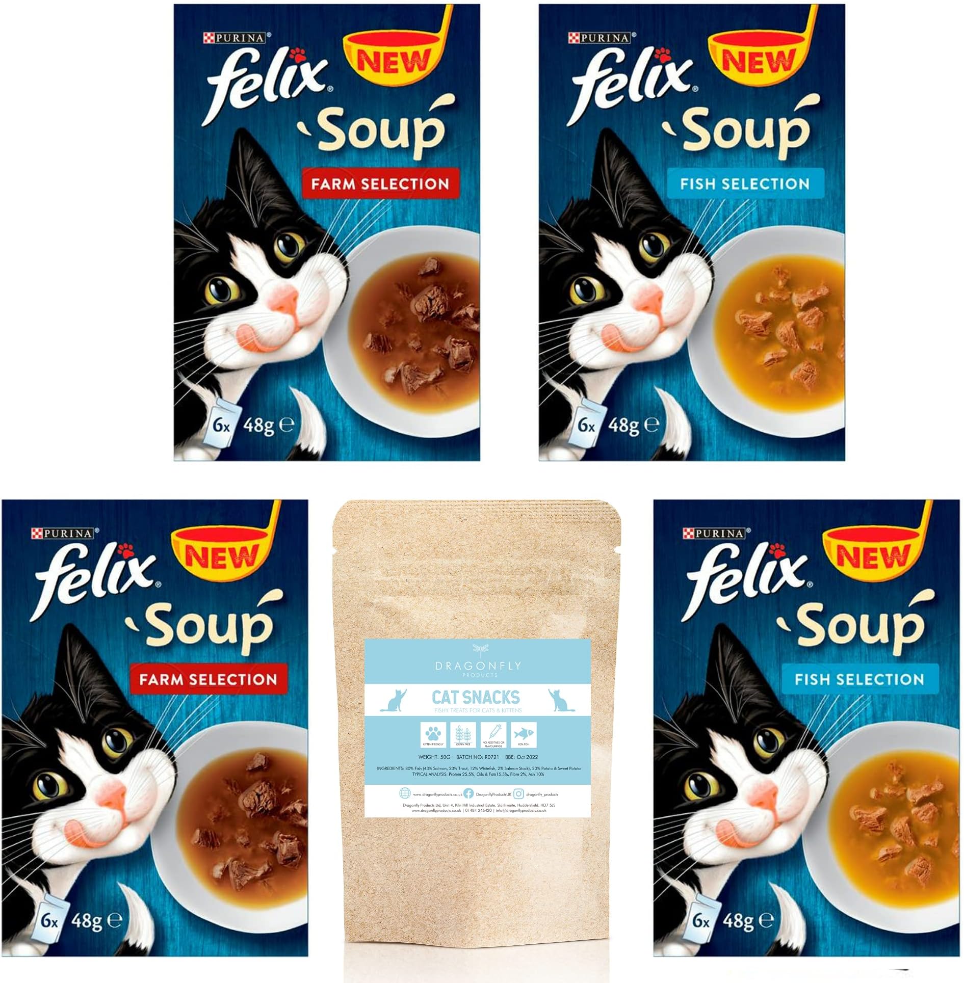 GOURMET Soup Adult Cat Mixed Pack Salmon & Vegetable (4x40g), Chicken (4x40g), Fish (4x40g) 12 pouches in total plus FREE sample of 'Cats Delight' Fish & Sweet Potato Natural Treats