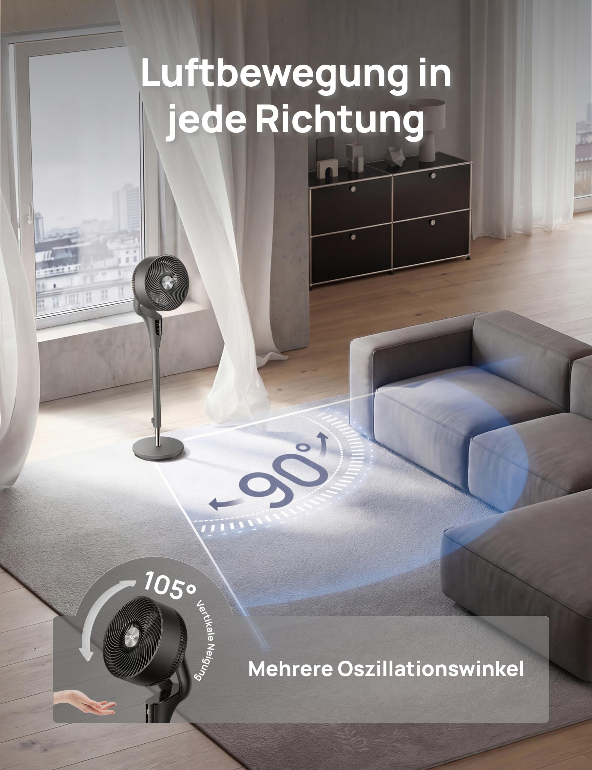 DREO Leiser Standventilator für Schlafzimmer [Verbessert], 27m Luftstrom, Leise, 90° Oszillierend, DC-Motor, 8 Geschwindigkeiten, 3 Modi, 96–106cm Höhenverstellbar, 8H Timer, 105° Manuell Neigbar