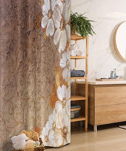 Miniatura 1 de Ambesonne Cortina de ducha Grunge Stall, patrón de flores y hojas en pared agrietada con líneas florales, diseño clásico, juego de decoración de