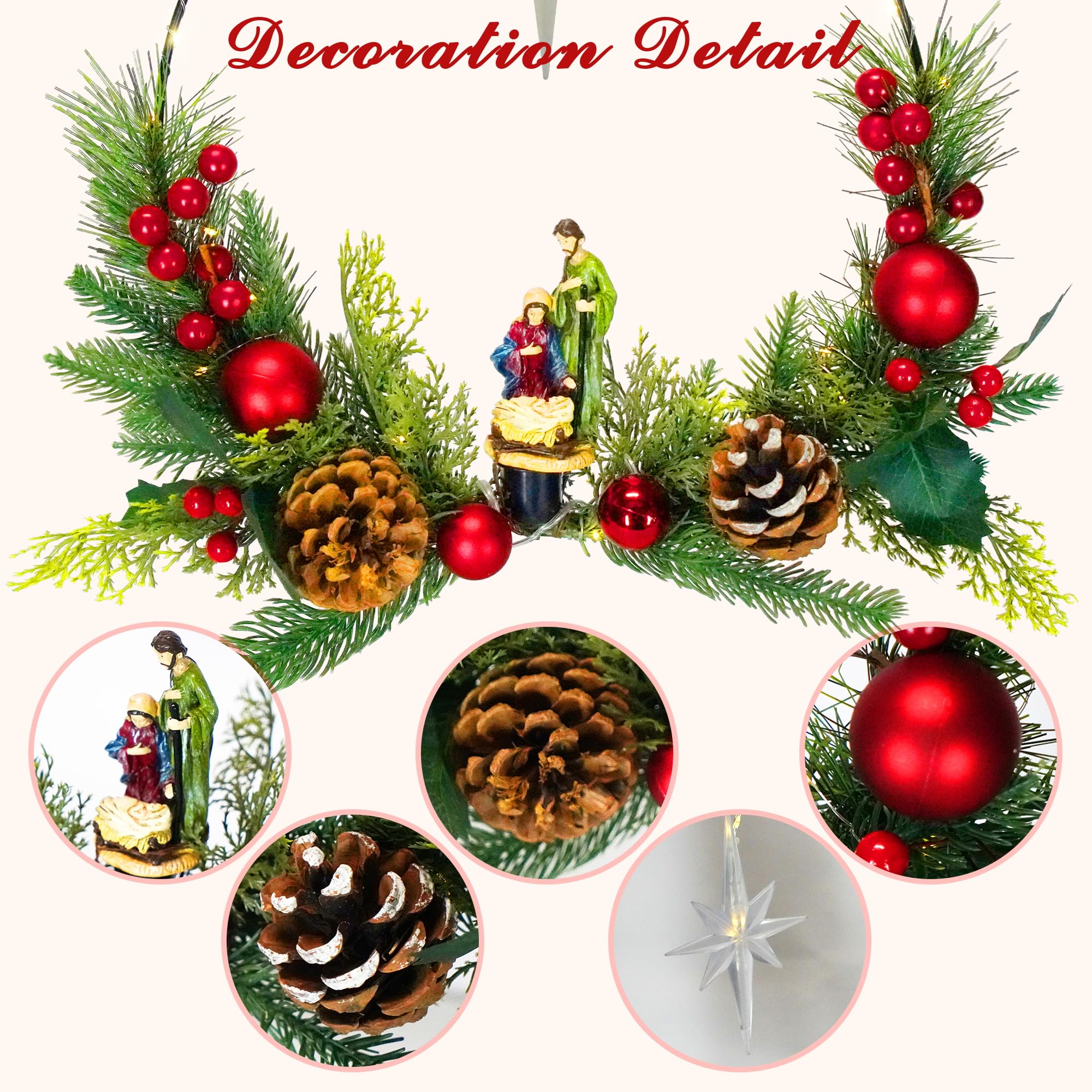 Weihnachtskränze für Haustür mit Lichtern und Fernbedienung, Heilige Familie, Krippenstatue und Stern von Bethlehem, Weihnachtsdekoration, 40,6 cm Fensterkränze, Kamindekorationen, 2 Stück