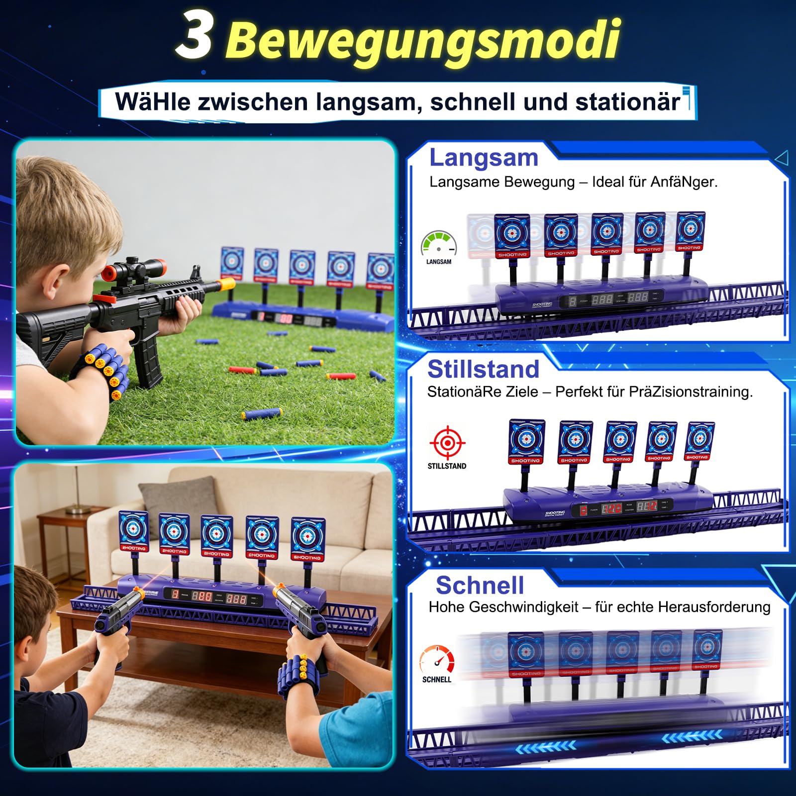 Zielscheibe Beweglich für Nerf, Digitale Elektronische Zielscheibe Set mit 5 Zielen,4 Modi,LCD-Score-Anzeige,Auto Reset Licht & Sound