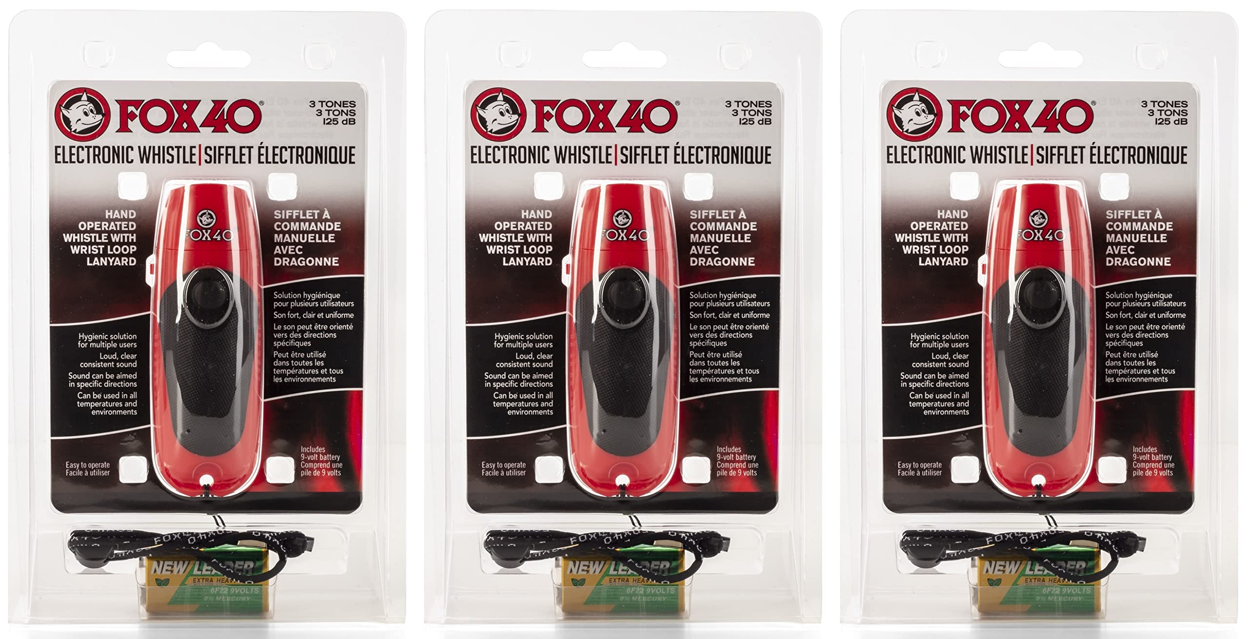 Fox 40 3-Tone Electronic Whistle 125 Db w/Lanyard & 9 Volt Battery (3-Pack)