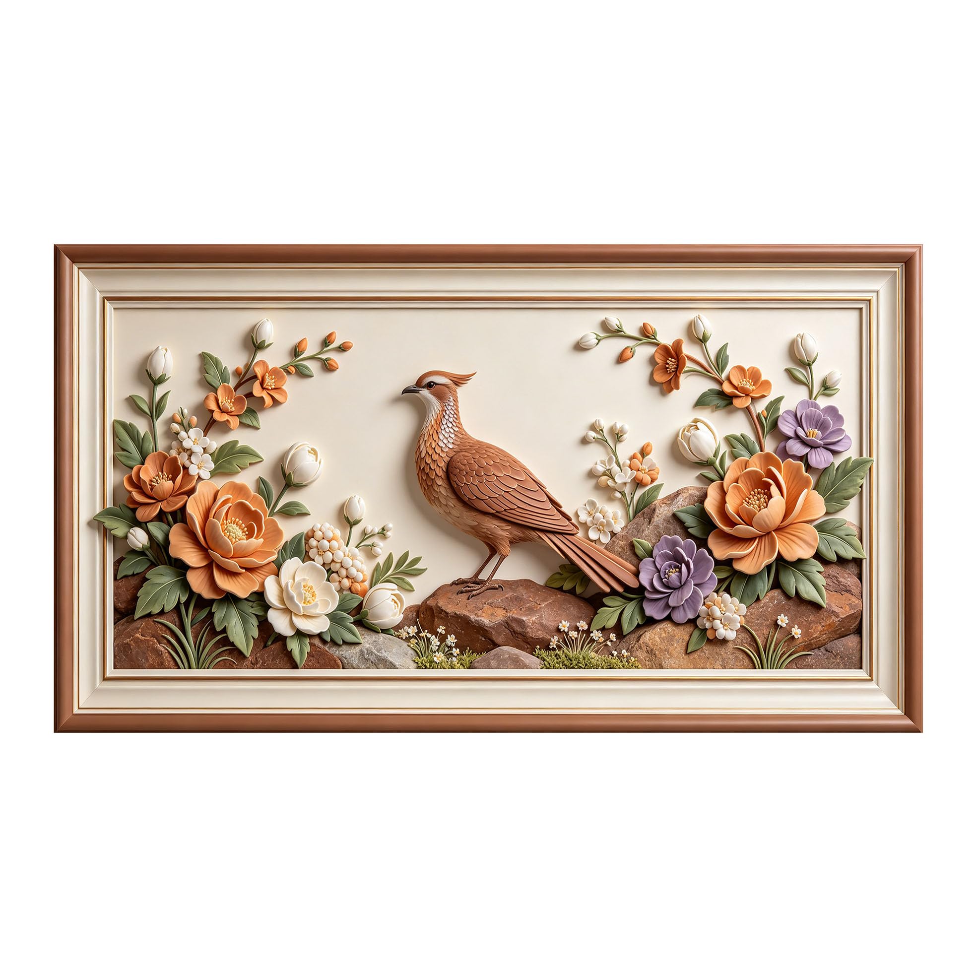 Yzpallescene 3D 3D Framed Wall Art 50cm×90cm Bird and Floral Botanical Relief Effect Large Size SelfAdhesive Removable Wall Decor Prints Artwork for Living Room Bedroom Office