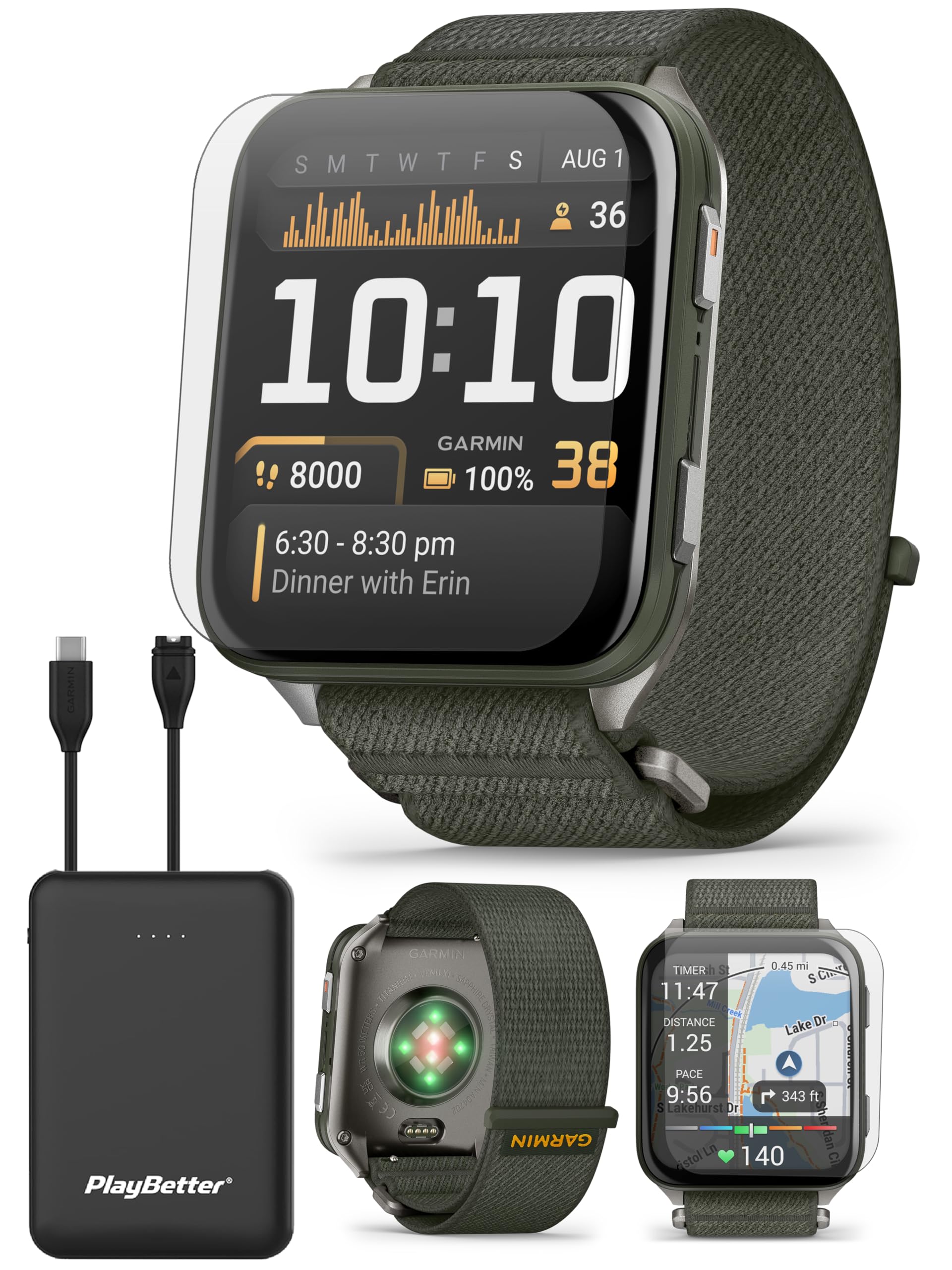 PlayBetter Garmin Venu X1 (Moss/Titanium) Fitness GPS Smartwatch Bundle - 2" Thin AMOLED Display, Advanced Health and Fitness 5000mAh Portable Charger