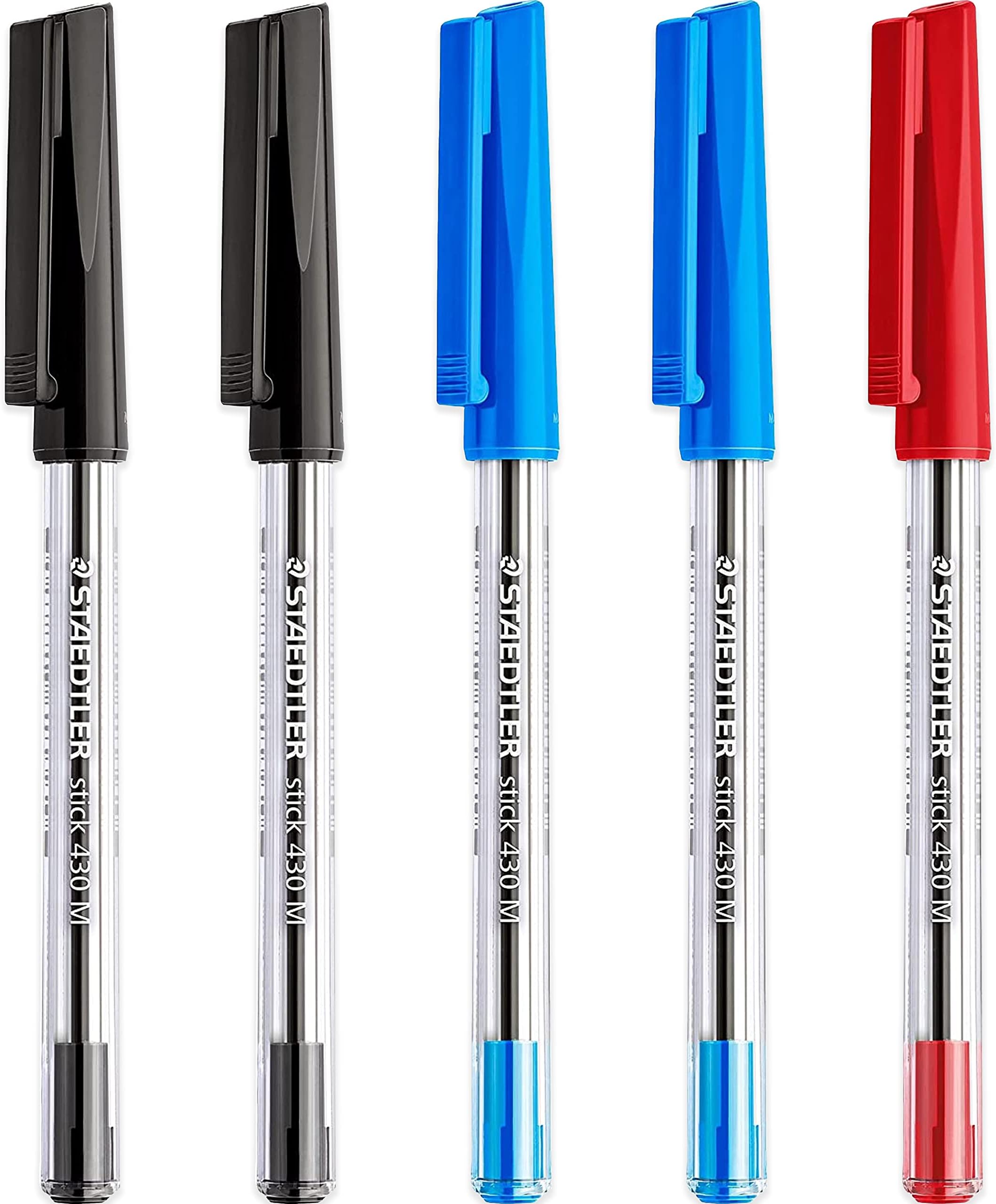 Medium 0.5mm 430 Stick Ballpoint Pens Writing Pen Smooth - Black, Blue & Red Ink - Pack Of 5