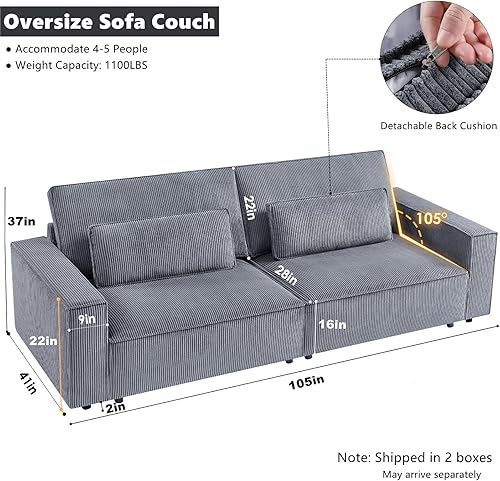 Miniatura 2 de HIFIT Sofá de 105 pulgadas de ancho con 4 asientos profundos y 2 almohadas lumbares, cómodo sofá nube con reposabrazos extra ancho, tela de pana