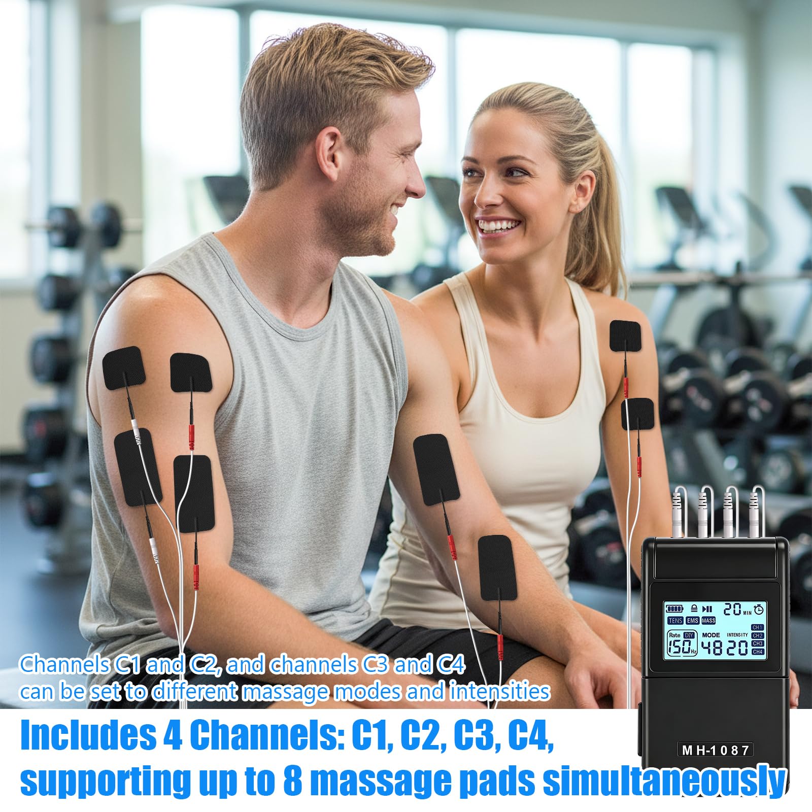 Elettrostimolatore Muscolare 3 in 1 TENS Elettrostimolatore a Doppio Canale 48 Modalità 20 Livelli di Intensità con 8 Elettrodi per Alleviare Il Dolore e Costruire Muscoli