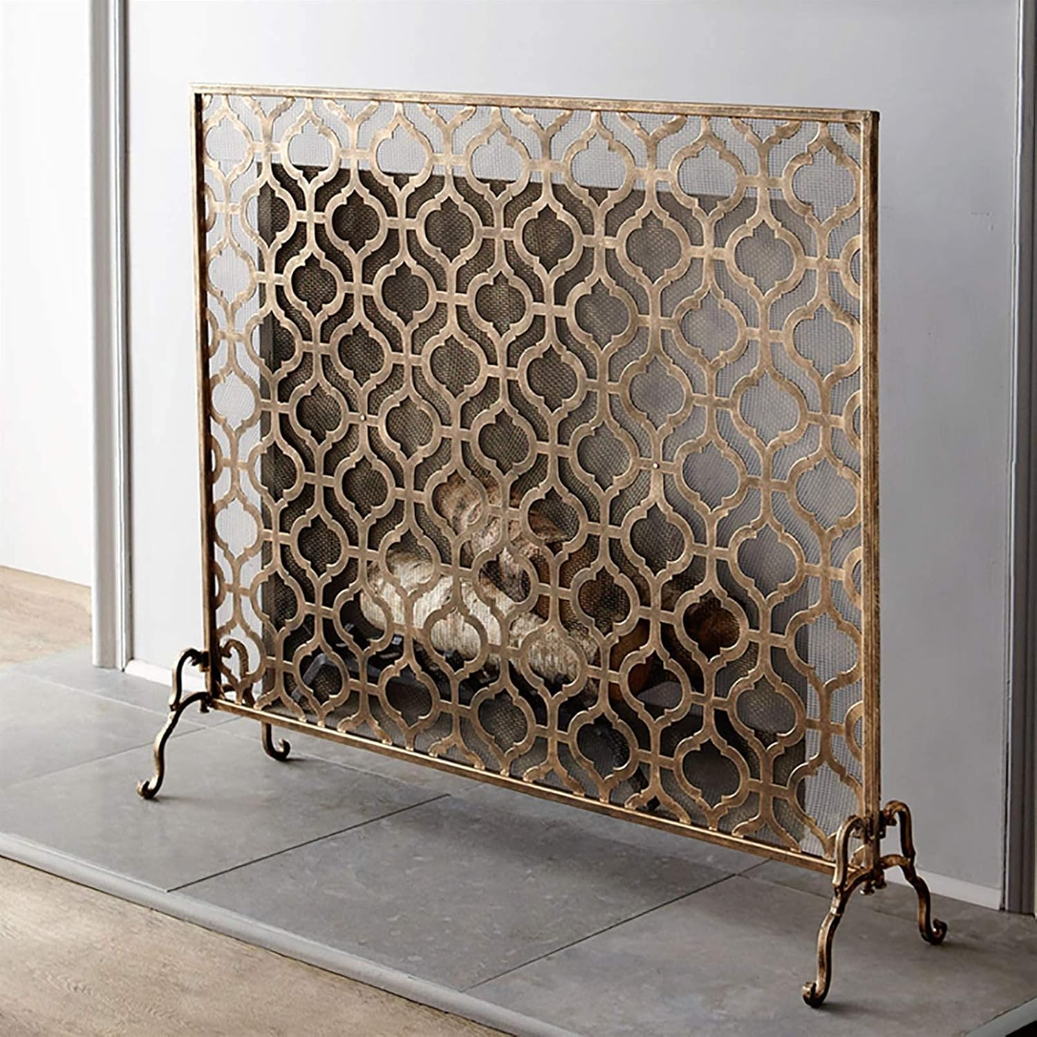 Fireplace Screen Guard, Fireplace Guard Modern Luxury Fireplace Screen Retro Gold， 30inch Free Standing Iron Mesh Fireplace Screen Durable Single Panel Metal Frame