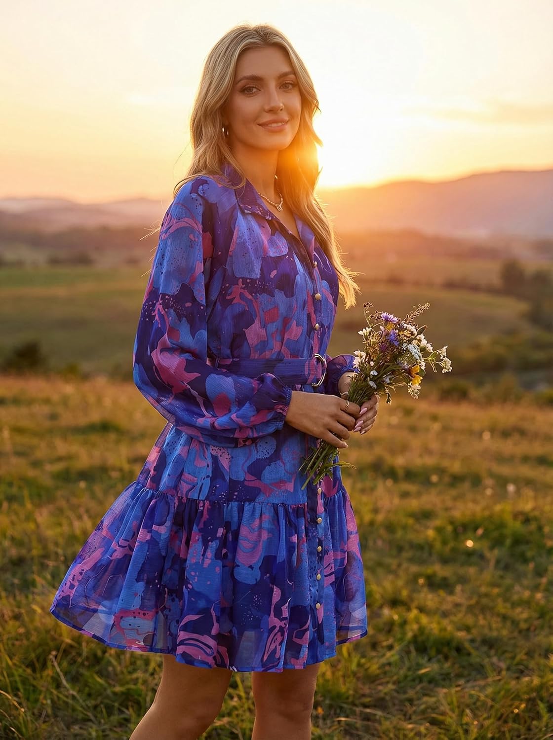 ZESICA Womens Spring Summer Floral Mini Dress Long Sleeve Button Chiffon A Line Swing Short Wedding Guest Party Dresses - Image 3