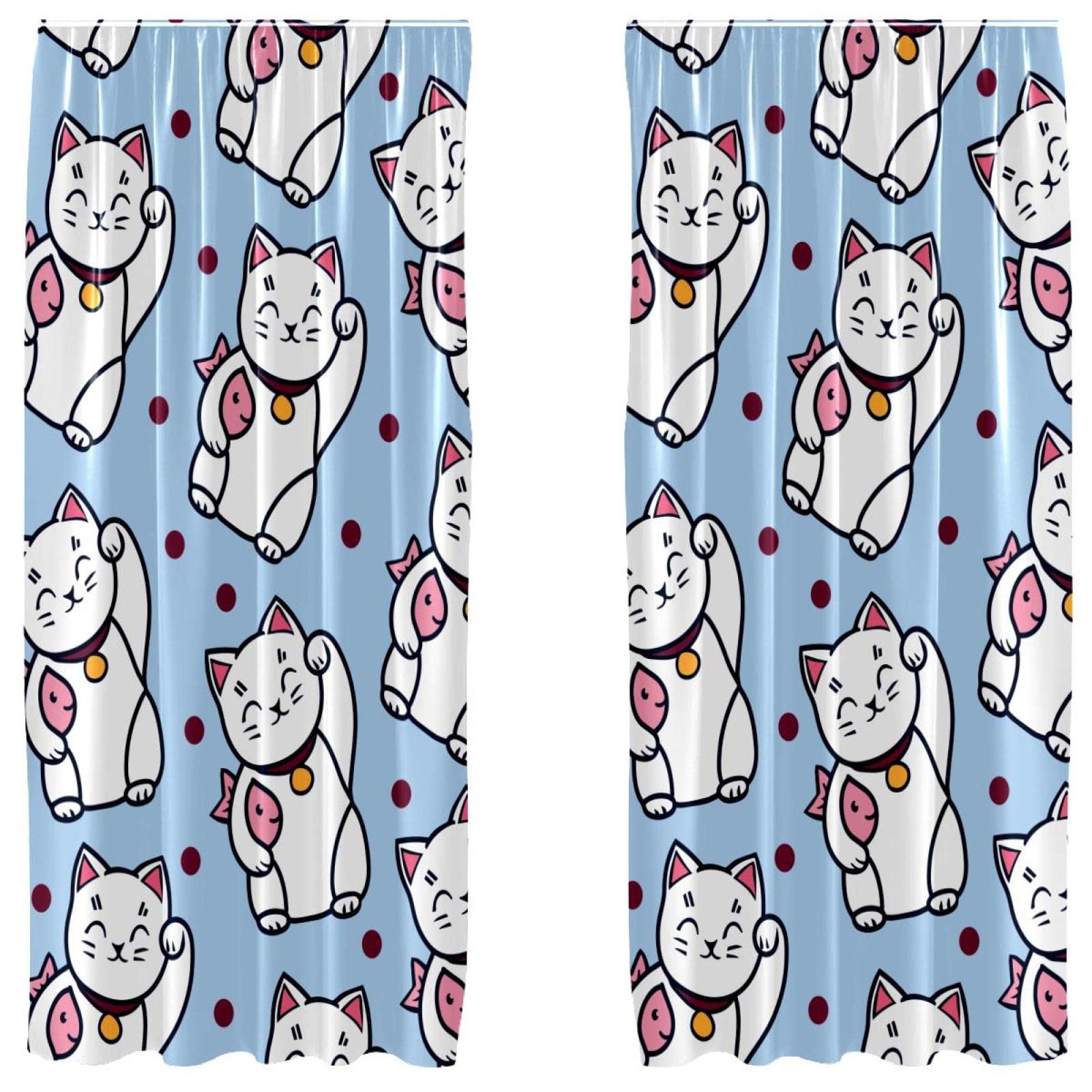 Rideau chat japonais imprimé bleu double panneau décoration de fenêtre 213 cm