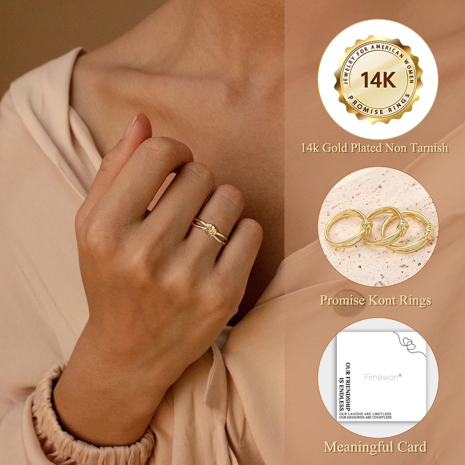 14K Gold Rings for Women, Dainty Knot Stackable Bands, Non Tarnish Fashion Jewelry, Size 4-11