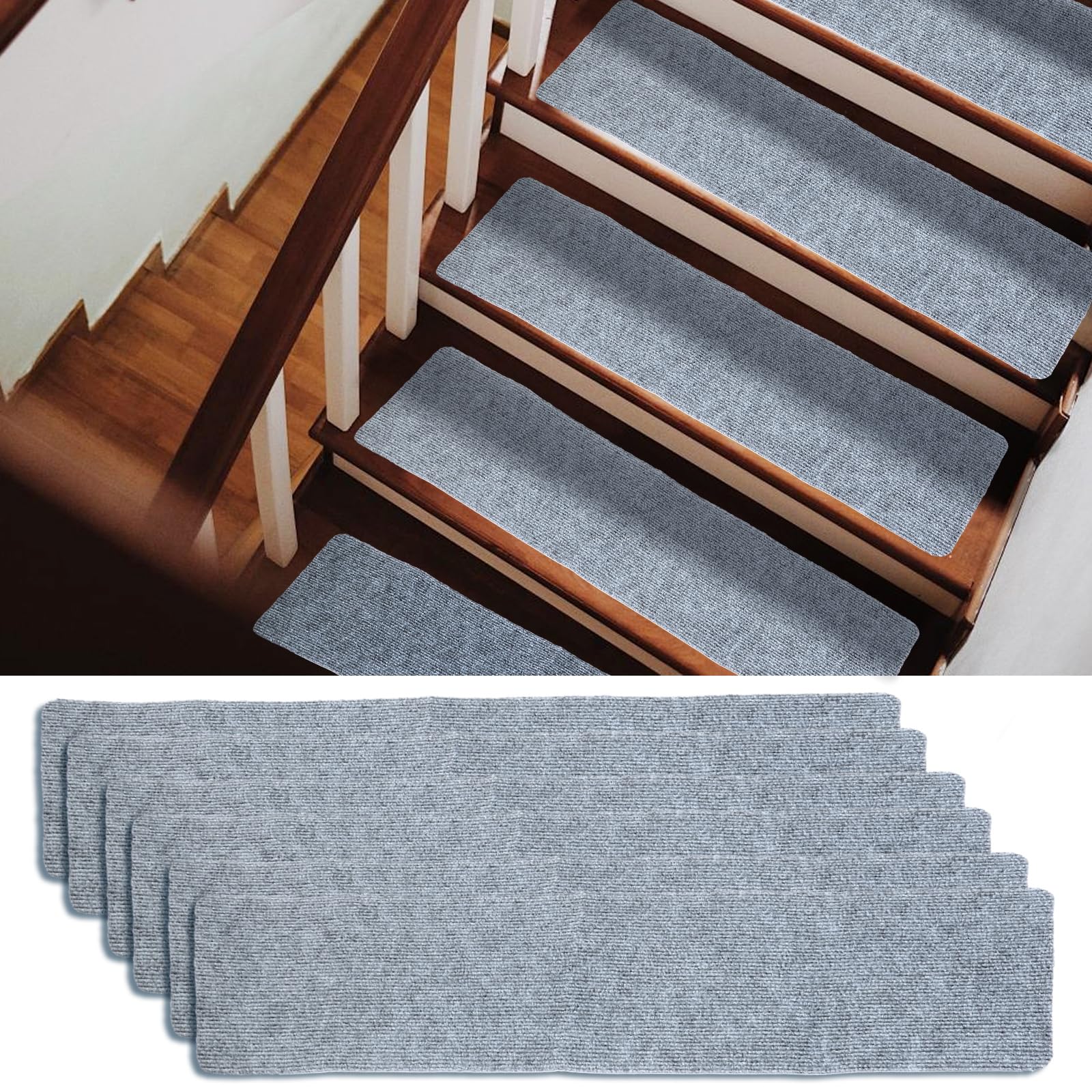 Oungy 15 Pcs Carpet Stair Treads, 76 x 20cm Non Slip Stair Carpet Treads, Peel and Stick Stair Tread Self-Adhesive Carpet Stair Mats for Pets Elders - Grey
