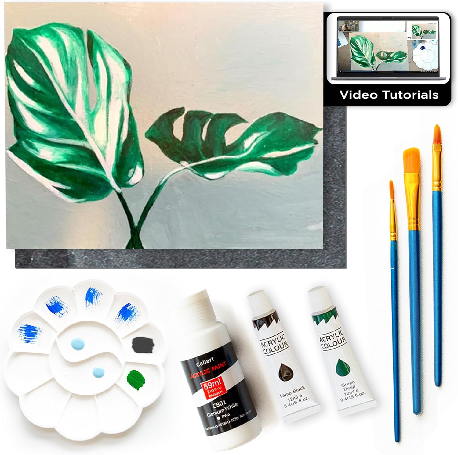 Painting4Real DIY Art Painting Kit for Adults with Video Tutorials – Learn to Paint Monstera, 9 Pieces Canvas Acrylic Paint Set for Adults, Perfect Holiday & Birthday Gift for Art Lovers, Beginners