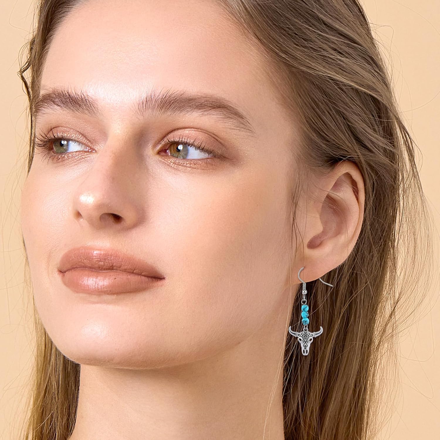 Vintage Western Bull Head Earrings for Women, Dangle Silver Bull Earrings with Turquoise Beads, Bohemian Drop Western Cowboy Cowgirl Style Jewelry Gift - Image 5
