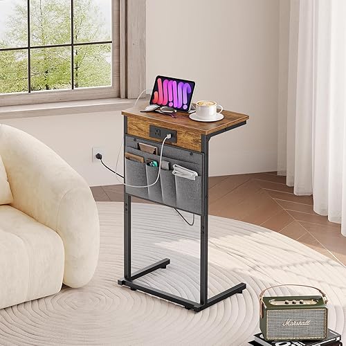 Miniatura 8 de HOOBRO Juego de 2 mesas auxiliares en forma de C con estación de carga, mesas auxiliares de sofá de 28 pulgadas de alto para espacios pequeños,