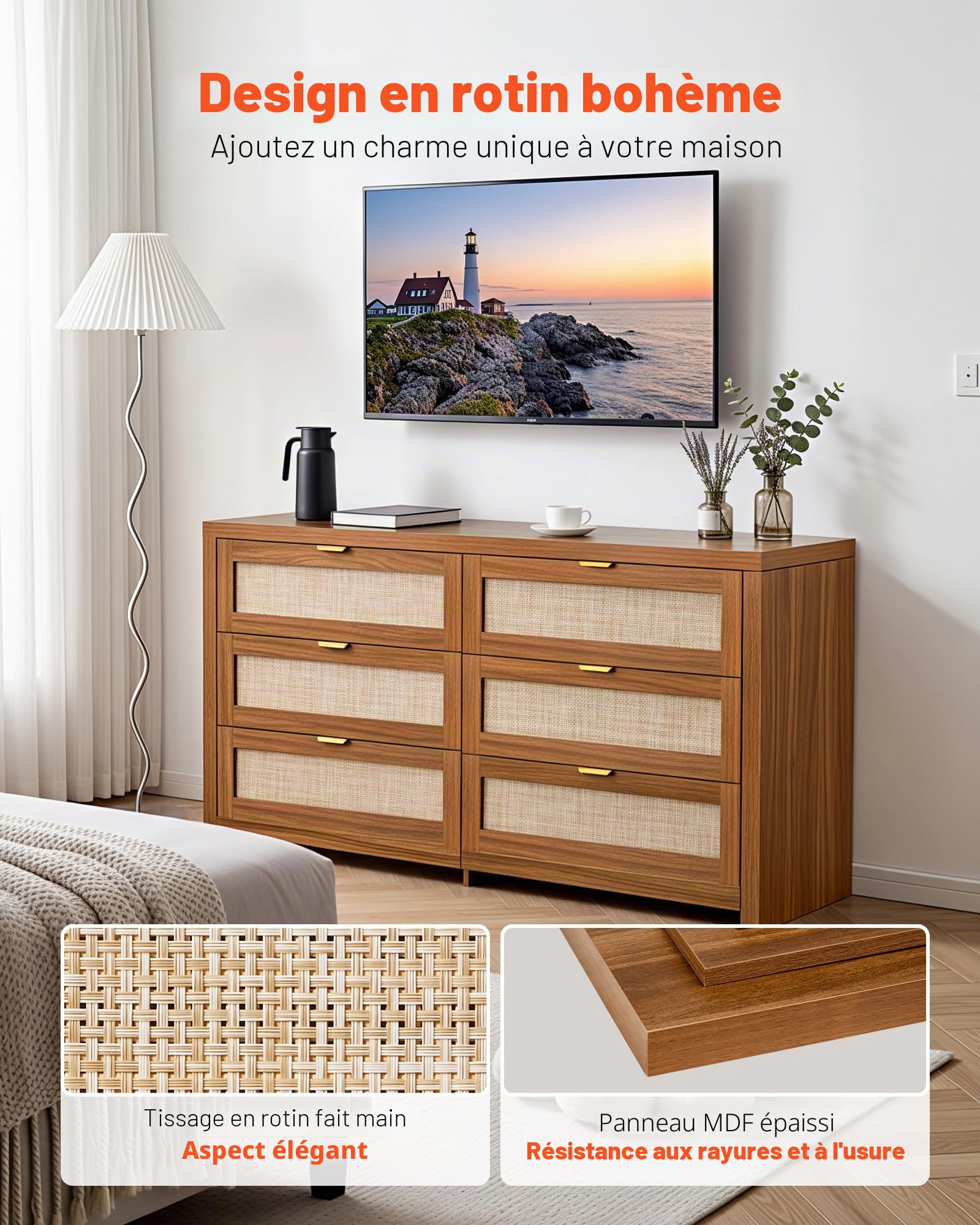 VEVOR Commode en rotin à 6 tiroirs, Meuble de Rangement avec poignées en métal, Organisateur de vêtements et Rangement bohème en Bois, Armoire pour Chambre à Coucher, Salon ou Couloir, Couleur Noyer