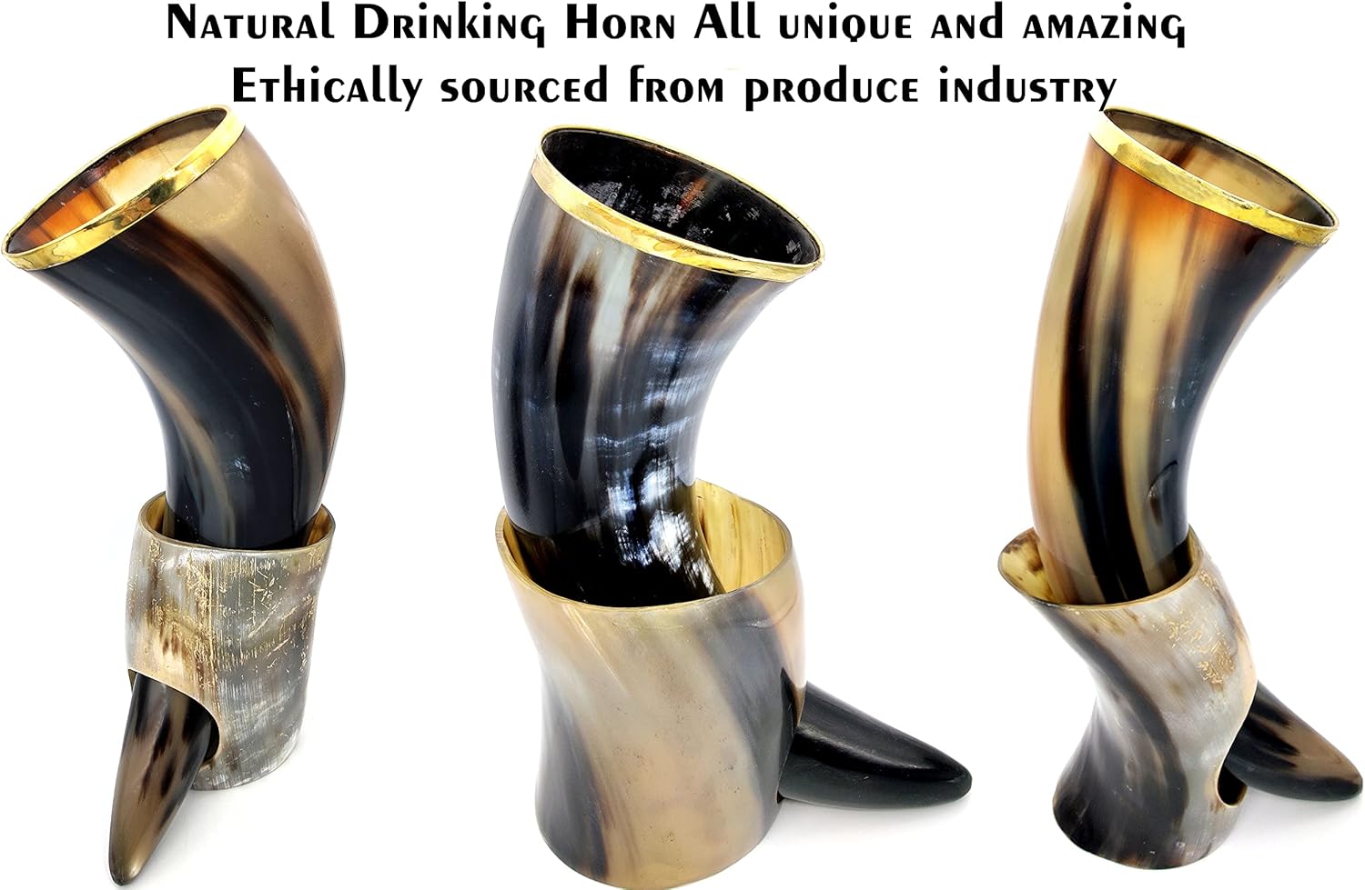 5MOONSUN5's Viking Drinking Horn with Stand – Authentic & Food Safe Cup No Leaks Norse Drinking Beer Mug with Brass ring 16 oz Capacity Best Choice of Vikings & GOT Theme & Fans