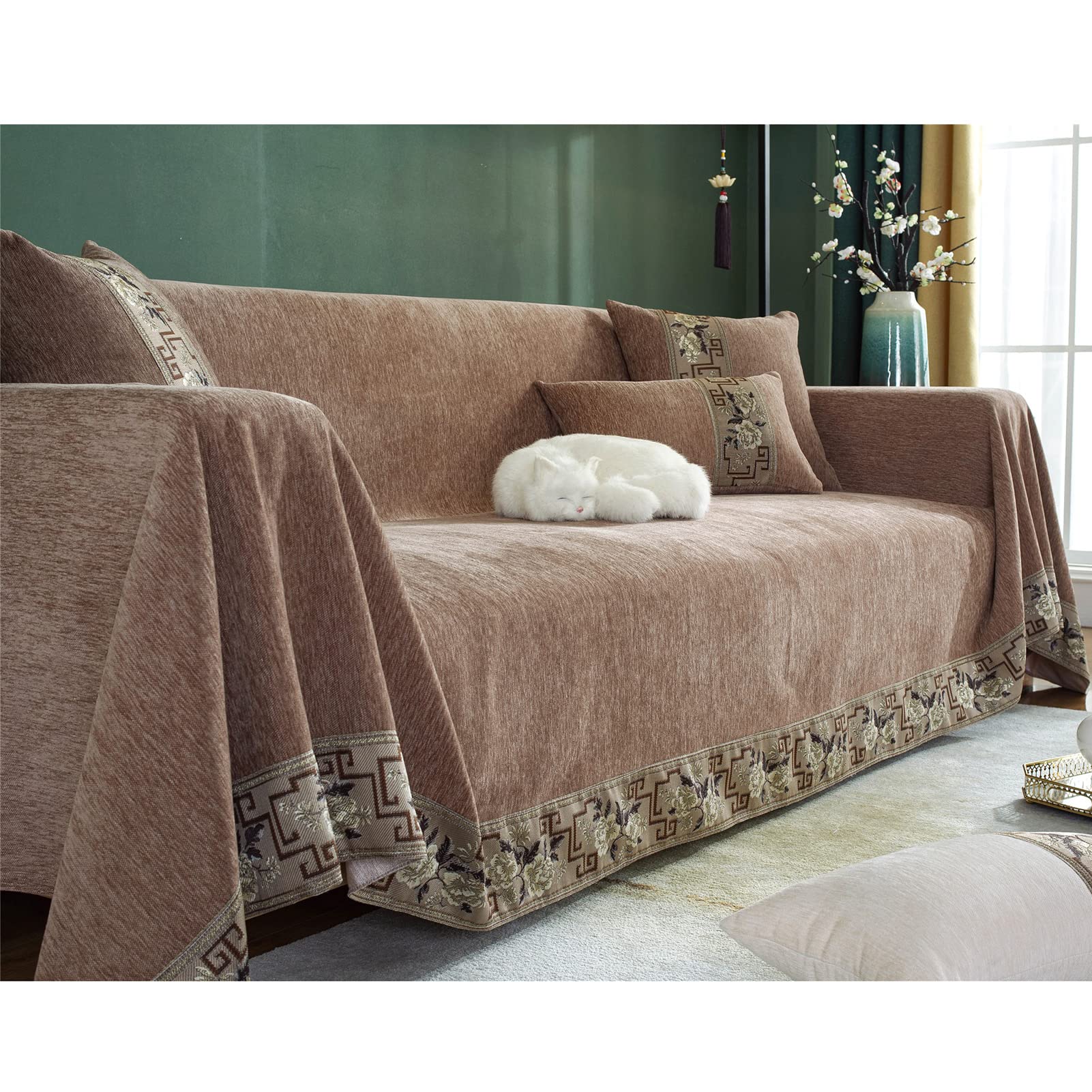 Coperta in ciniglia, testurizzata, morbida, accogliente, calda, per divano, letto, poltrona, copriletto (caffè, 180 x 380 cm)