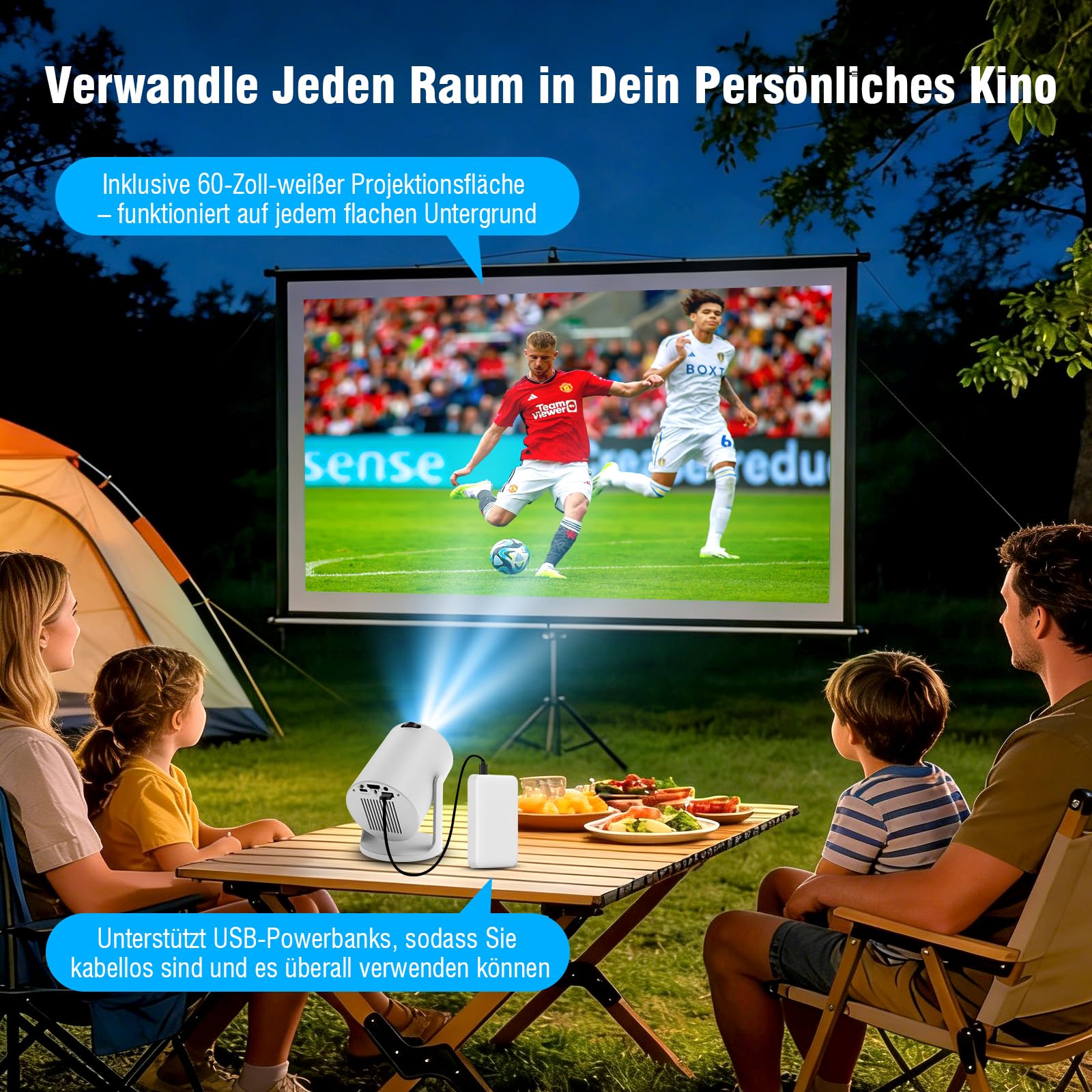 Tragbarer Mini Beamer 4K mit WiFi 6 und Bluetooth, Kleiner Projektor für unterwegs, 360° drehbarer Fuß, Powerbank-Anschluss und Handy-Kopplung, ideal für Heimkino und Portable Projector 4K Erlebnisse