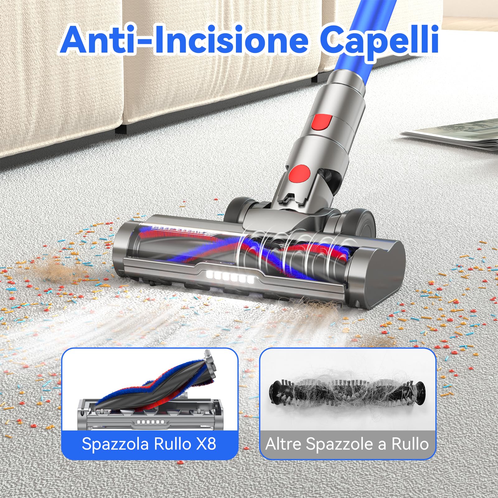 Aspirapolvere senza Fili 48Kpa 580W 70 Minuti, Scopa Elettrica senza Filo Potente con Smart Display, Anti Groviglio, 1.6L Capacità Vacuum Cleaner per Peli Animali Pavimenti Tappeti, X8