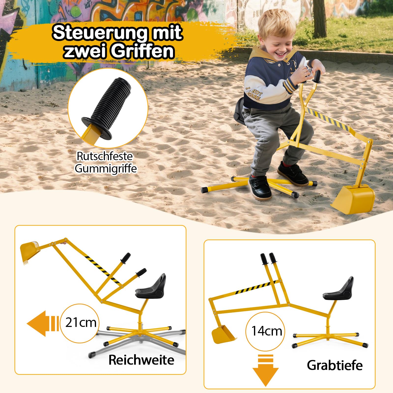 GOPLUS Koparka do siedzenia dla dzieci, obracana o 360°, koparka do piaskownicy, metalowa z cokołem i sterowaniem 2-ręcznym, do piasku, ziemi, śniegu, koparki do siedzenia w górze, dla dzieci od 3 lat