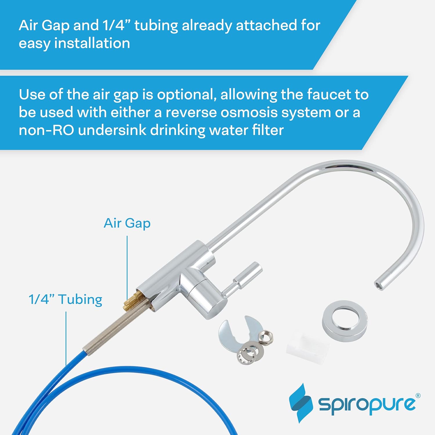 SpiroPure NSF-Certified Lead-Free Air Gap RO Faucet, Polished Chrome, Reverse Osmosis Replacement Water Filter Faucet, 3 Line Filtered Faucet, SP-FC100-CM