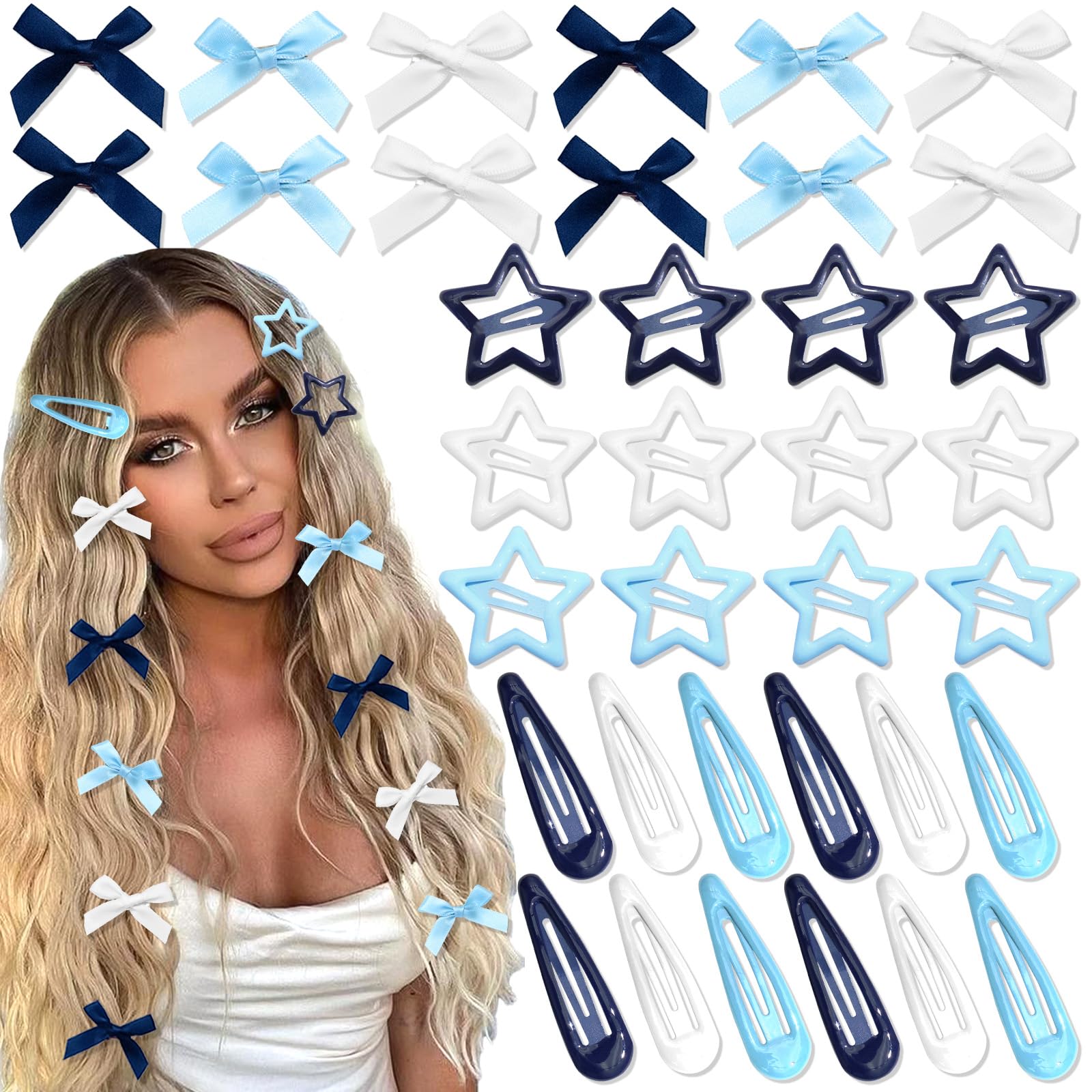SAWINDA 36Pcs Navy Blue Mini Bow Hair Clips Star Snap Hair Barrettes for Women White Water Drop No Slip Hair Clips Small Hair Bows Star Bowknot Hair