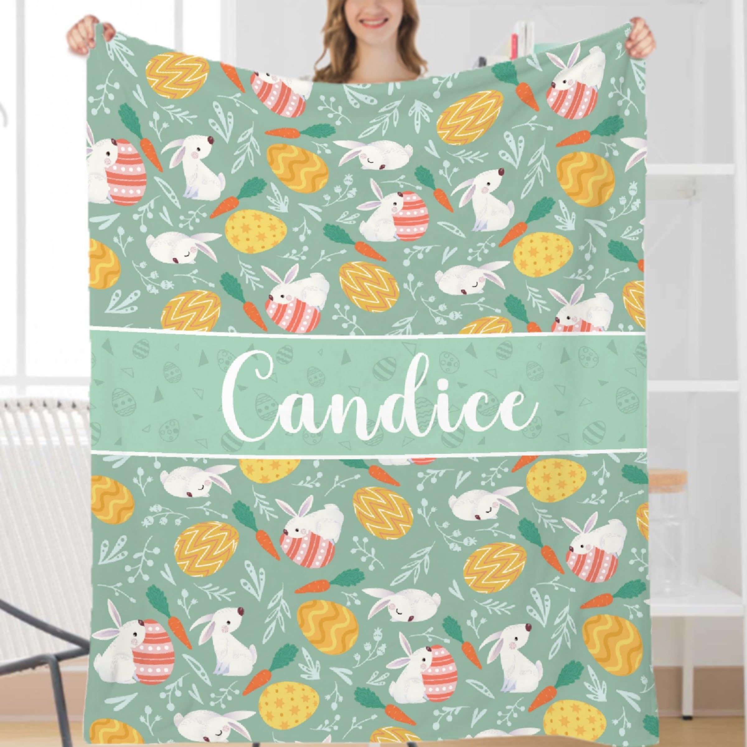 SUPERICH Personalized Easter Bunnies Eggs Blanket Gifts Easter Bunnies Eggs Print Custom Blanket with Name Super Soft Fleece Throw Blankets Air Conditioning Blanket for Couch Bed 50x40 in for Kid