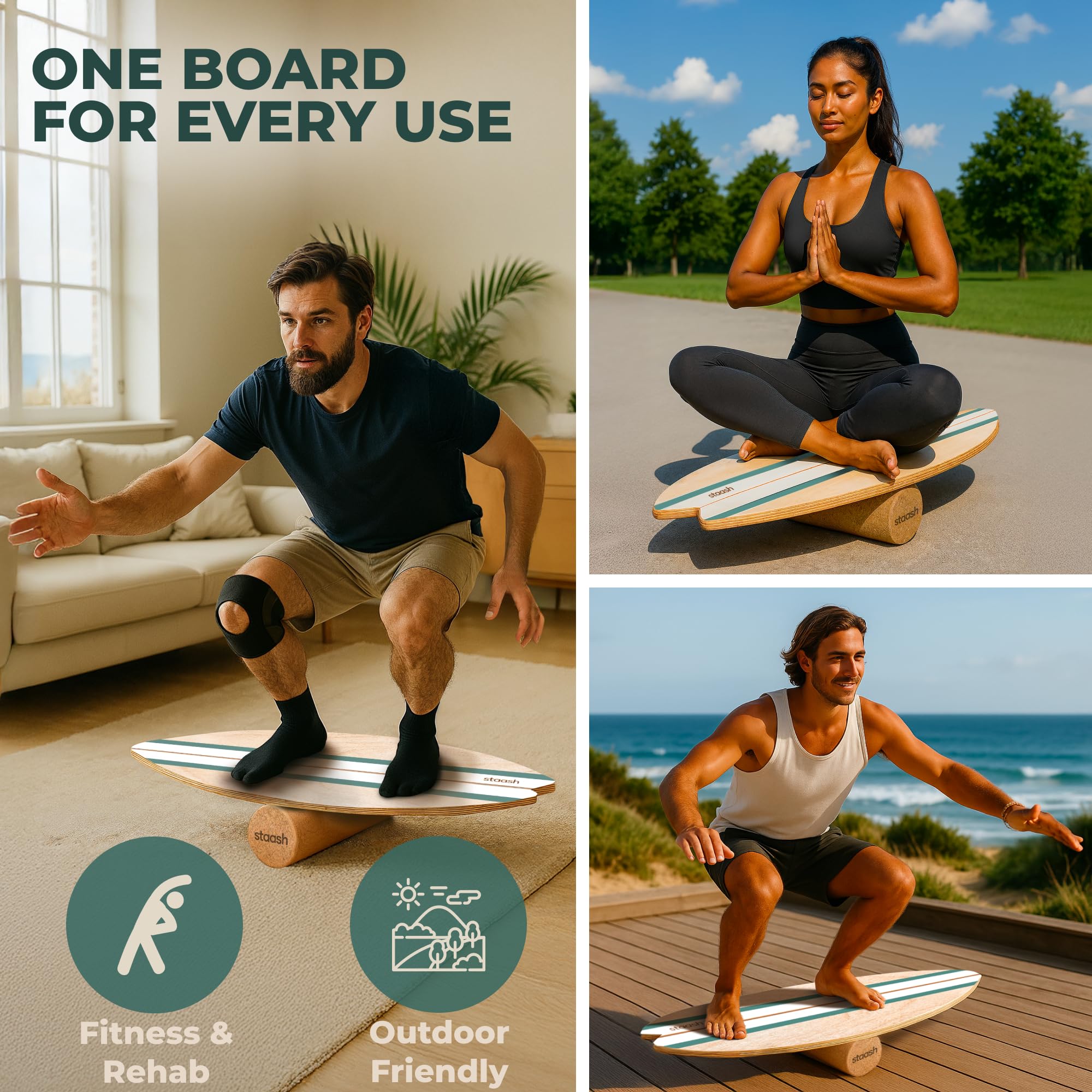 STAASH® Pro Balance Board – Tavola Propriocettiva con Rullo, Tappetino e Accessori + Video | Kit 5in1 per Fitness, Yoga, Riabilitazione (Starter o Full Kit) (Kit iniziale Verde)