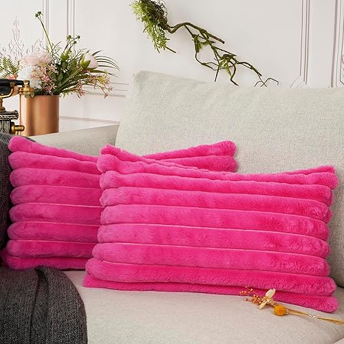 YOUR SMILE Juego de 2 fundas de almohada decorativas de terciopelo suave y acogedora a rayas, piel sintética de conejo, decoración neutra moderna