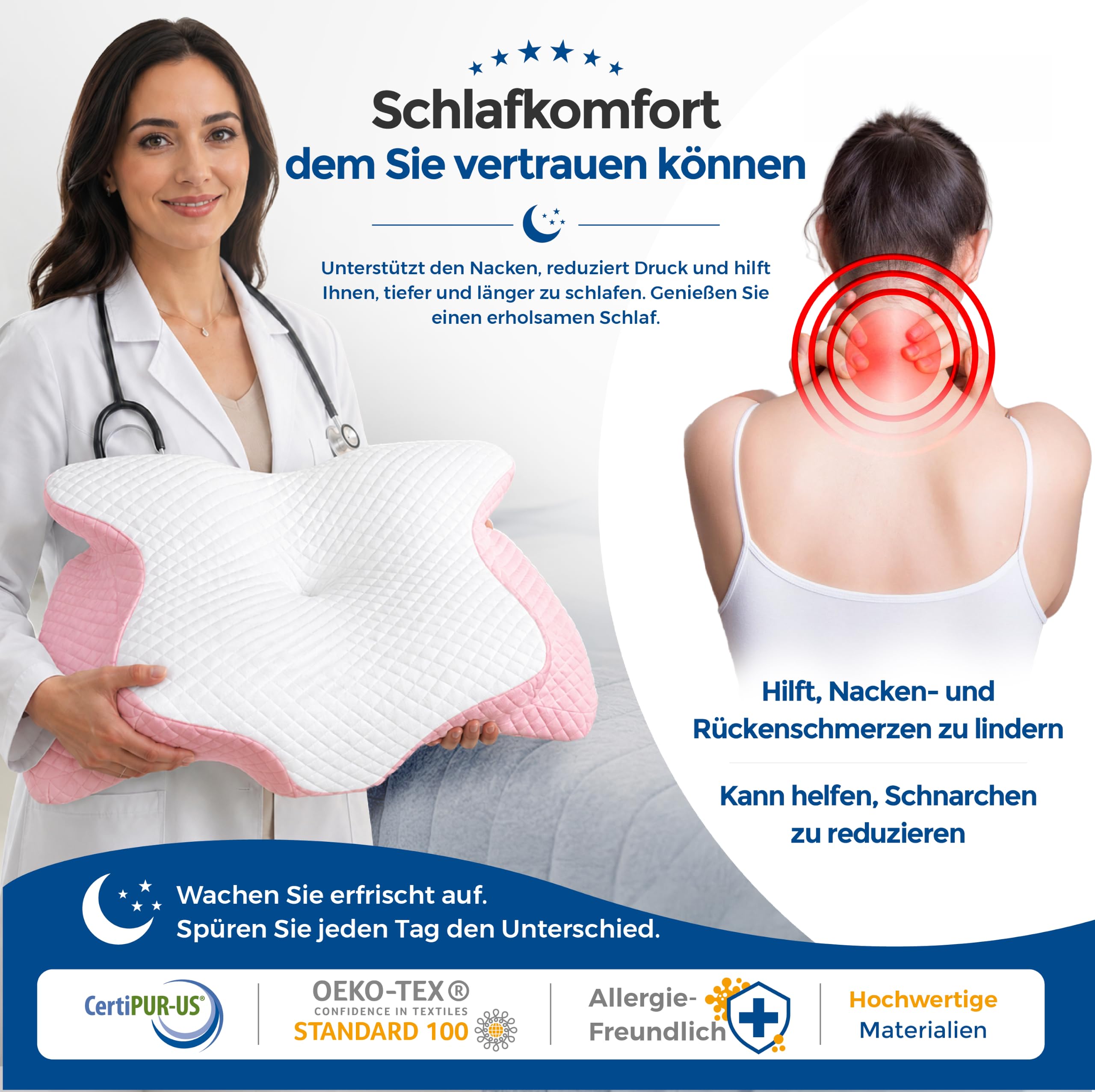 Ergonomisches Memory Schaum Kopfkissen Nackenstützkissen Seitenschläferkissen Kühlend Rosa