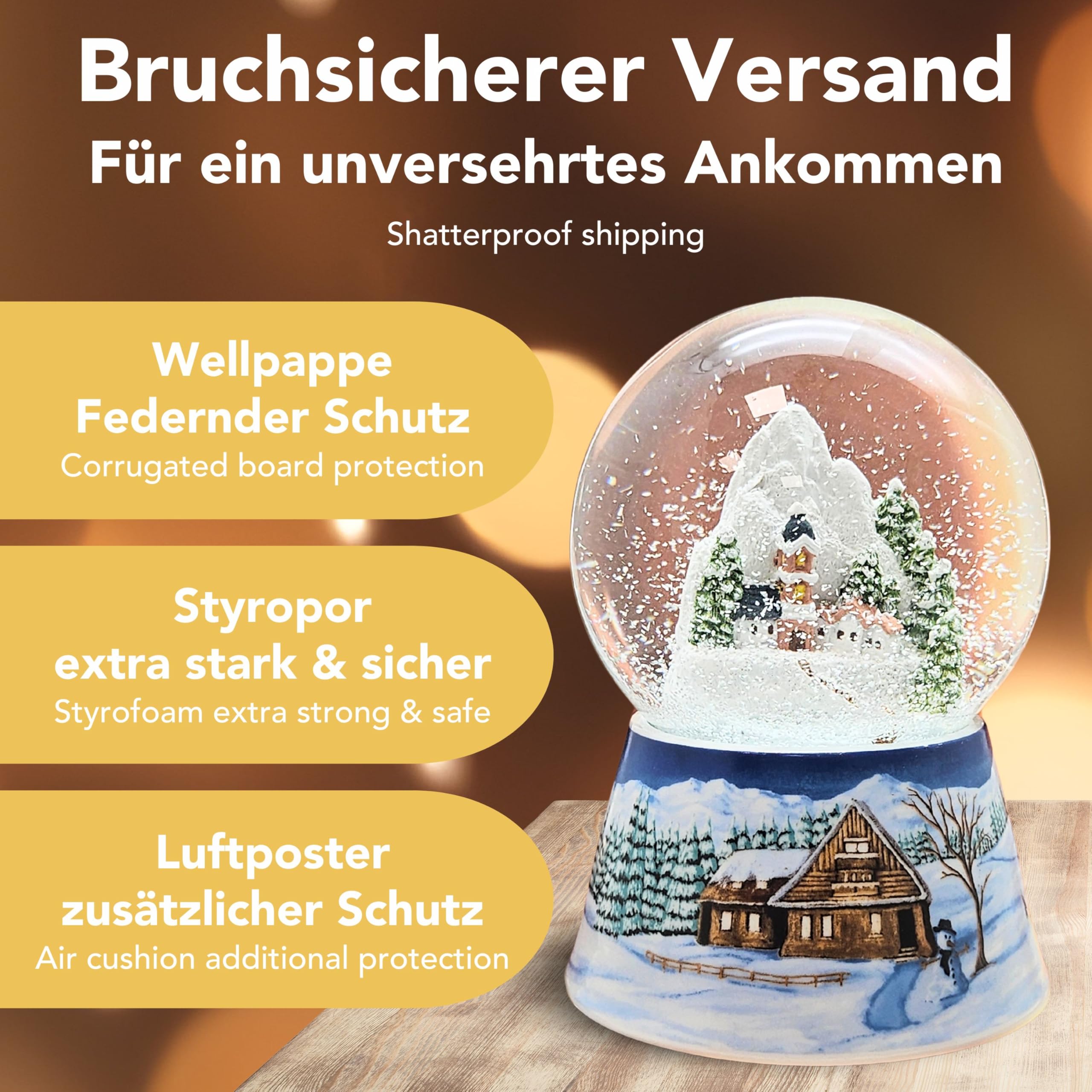 Schneekugel Weihnachten Spieluhr | Bergdorf mit Kirche | Sockel Winterlandschaft Mittelblau | Musik Winter Wonderland | Schüttelkugel Weihnachtsdekoration | B: 10 cm H: 14 cm | 20289