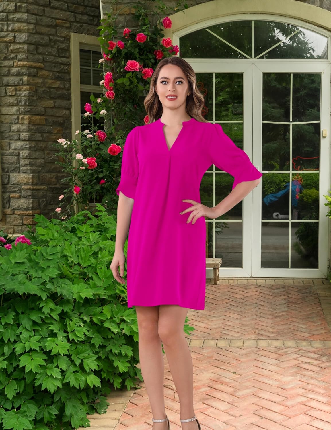 Aphratti Women's Shift Dress Short Sleeve V Neck Flowy Cute Casual Spring Summer Dresses - Image 7