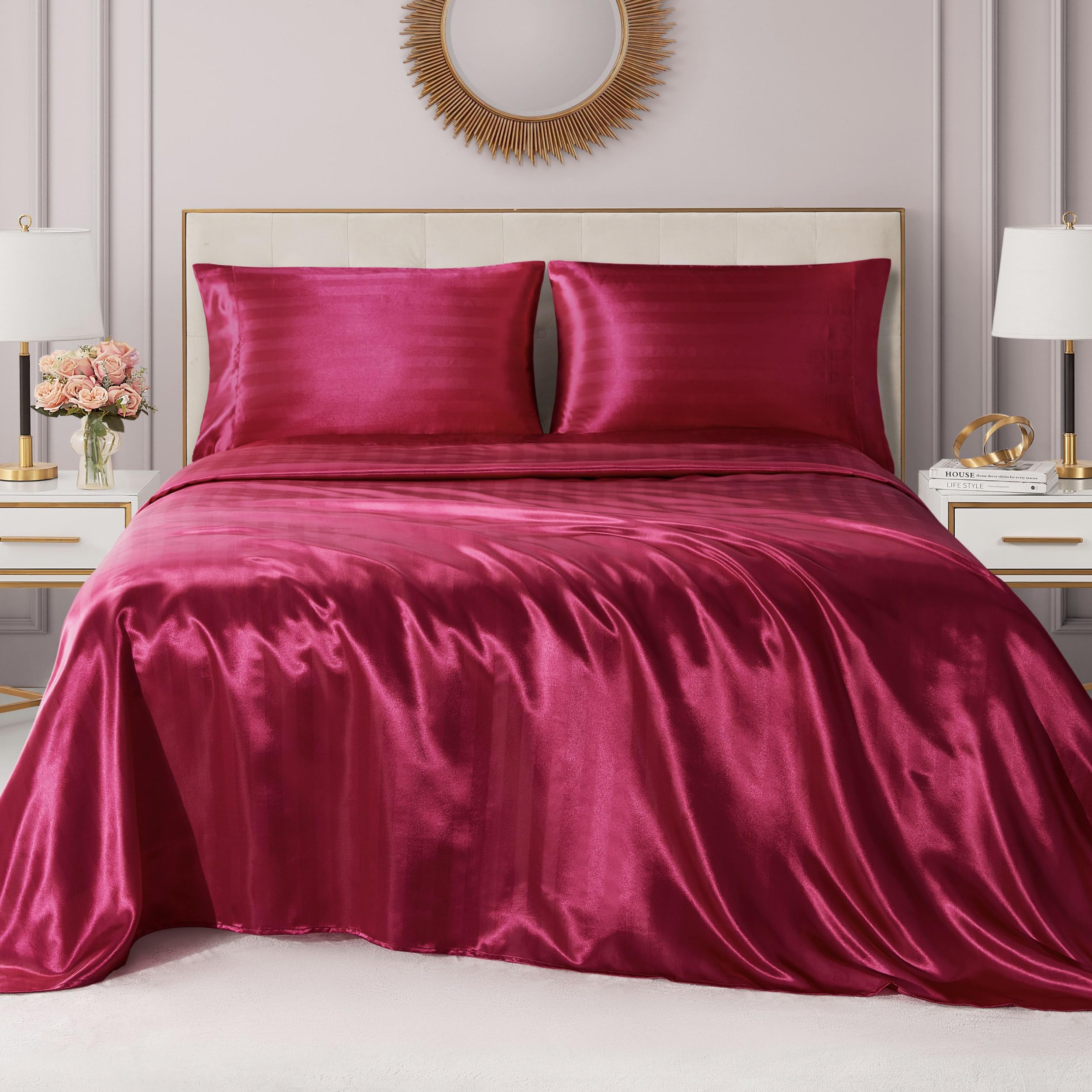 Juicy Couture Silky Satin Damask Sheet Set - Luxury Hot Pink Bedding - Smooth Striped Sheets - Queen Size