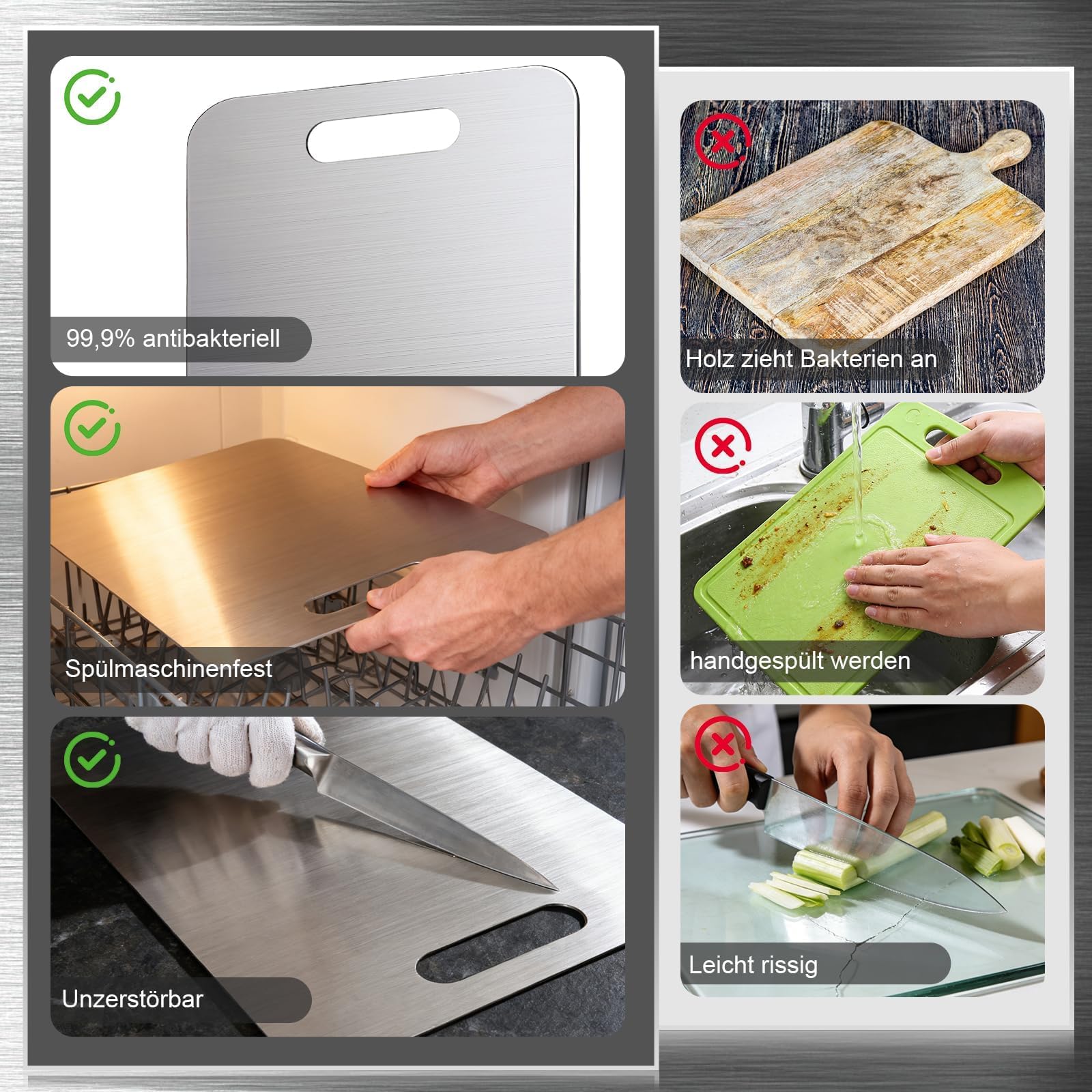 Juego de 3 tablas de cortar de titanio de acero inoxidable con esponja, sin BPA y antibacterianas, tabla de corte de titanio de doble cara para carne, verduras, pescado y pan