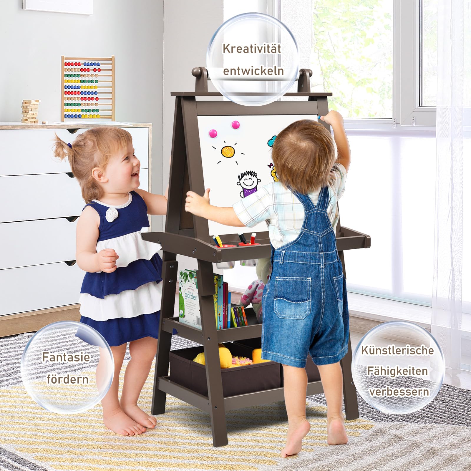 DREAMADE doppelseitige Kinder Staffelei aus Holz, Kinderstaffelei mit Ablage, Kindertafel mit Papierrolle Whiteboard und Kreidetafel, inkl. 2 Stoffboxen (Kaffee)