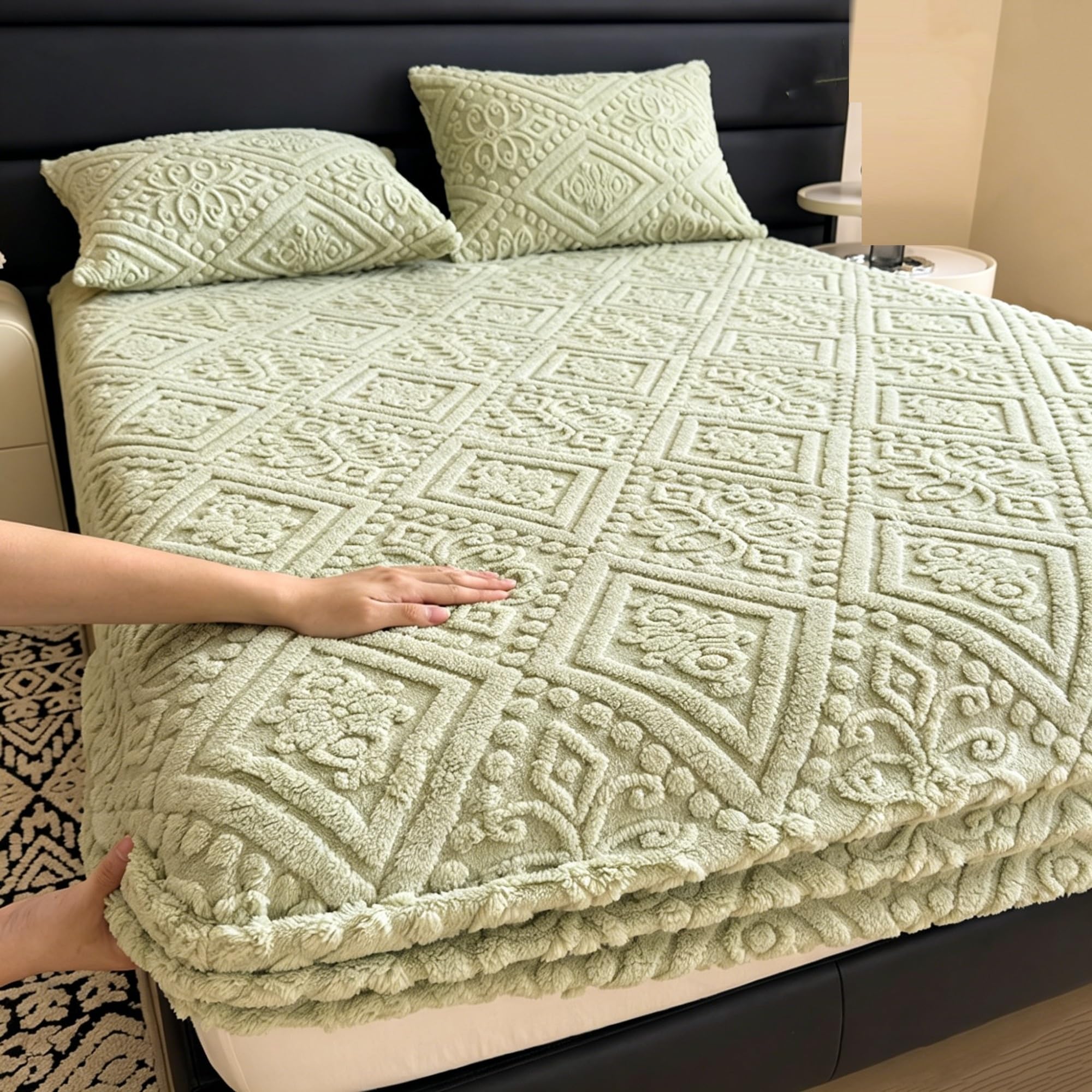 Drap-housse bohème et taies vert brillant 200x220cm pour lit deux personnes