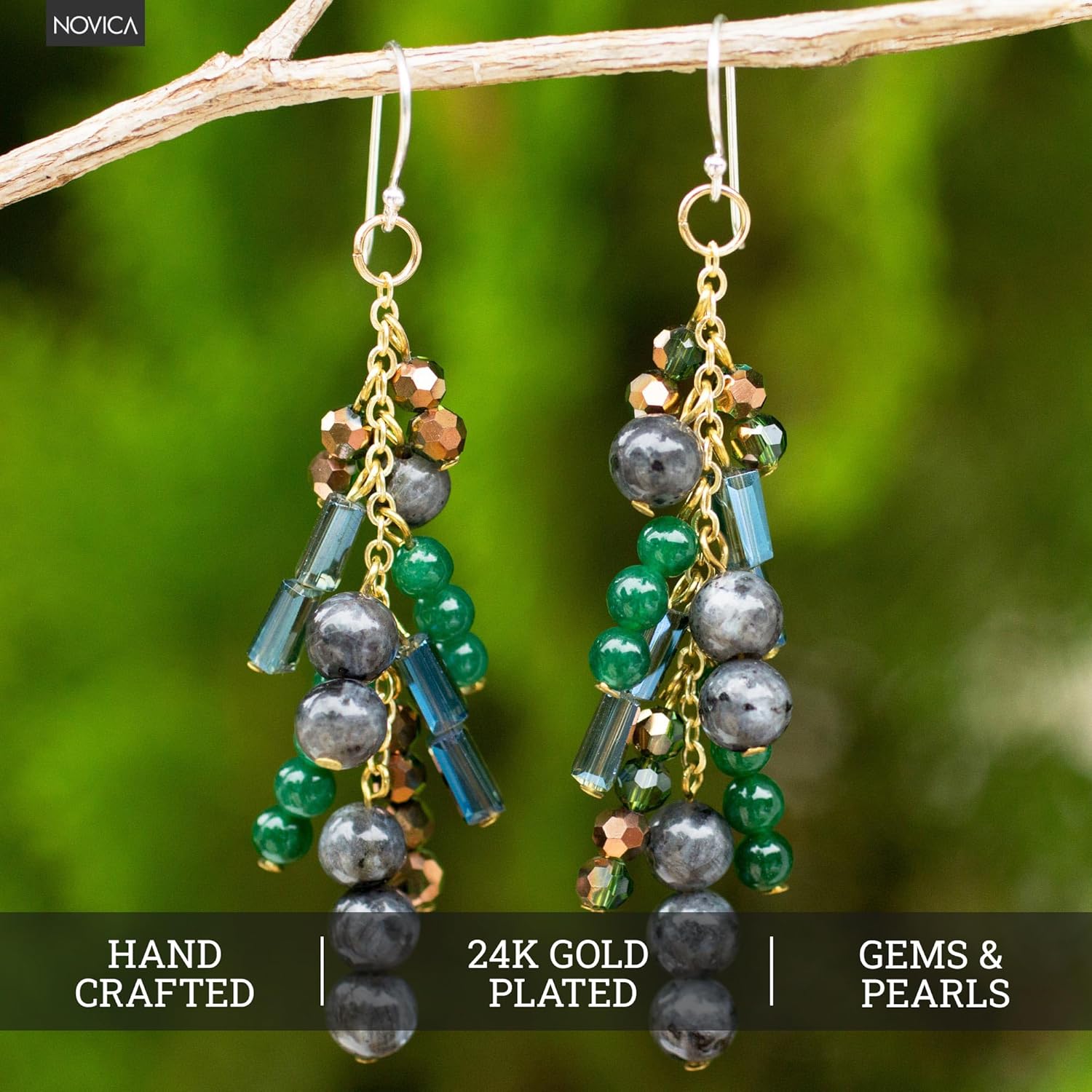 NOVICA Artisan Handmade Labradorite Waterfall Earrings Style with Quartz Beads Gold Plated Sterling Silver Glass Multicolor Grey Green Dangle Thailand Birthstone [2.9 in L x 0.8 in W] Brilliant