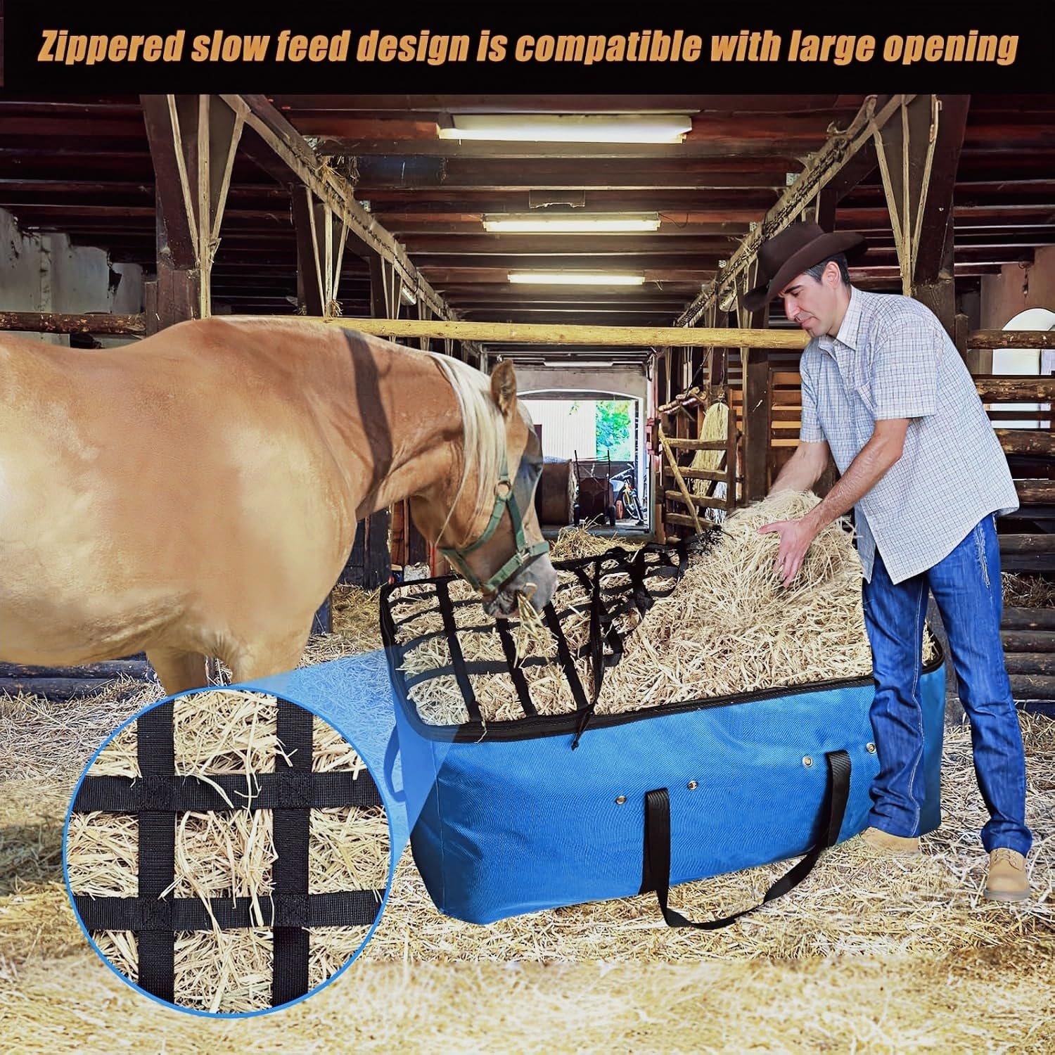 Extra Großer Heuballen Aufbewahrungssack (112x55x45cm) aus Strapazierfähigem Oxford, Tragbarer Heubeutel für Pferde, Ziegen & Rinder als Heufutterautomat für Stall & Transport