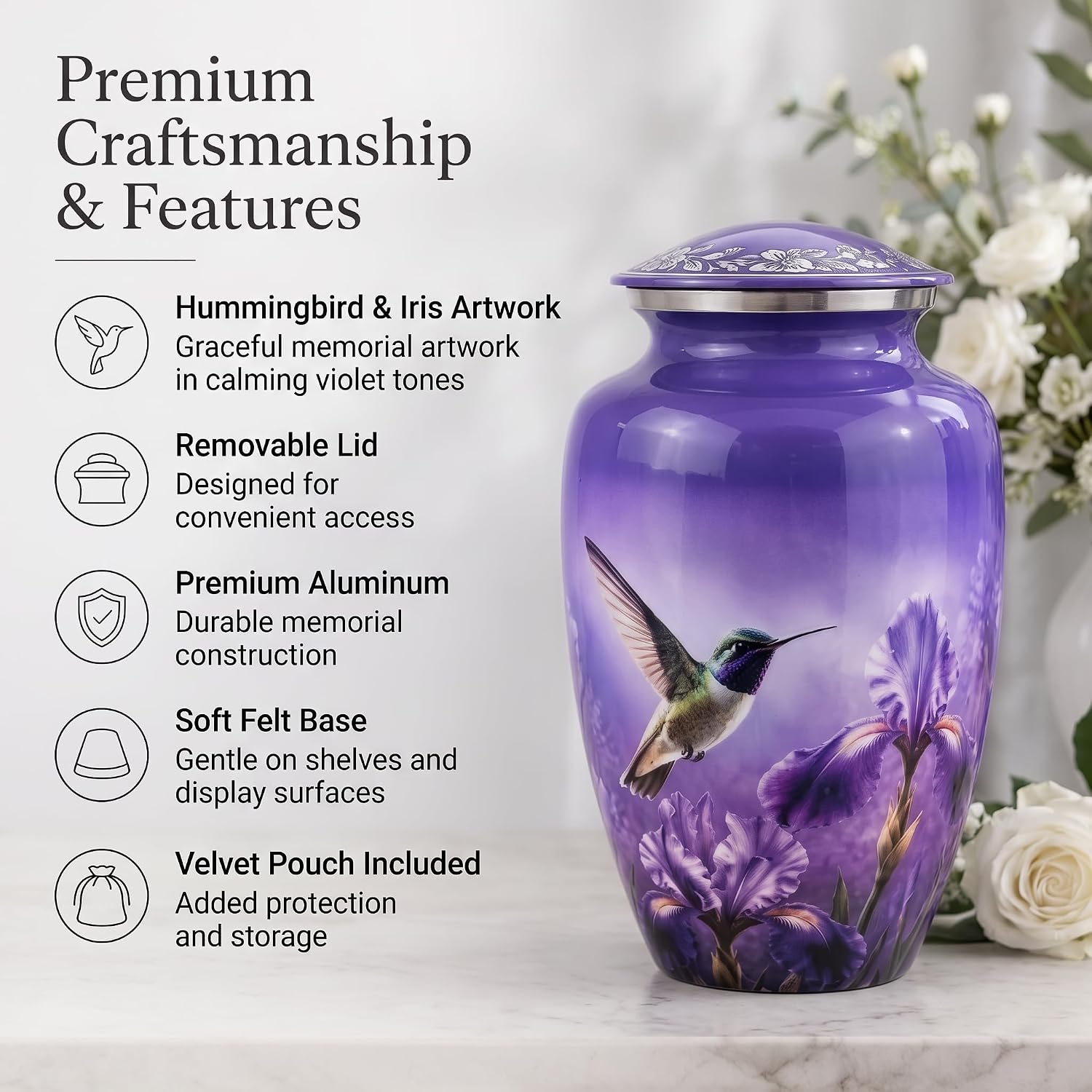 Purple Hummingbird Large Urn for Adult Human Ashes | Metal Cremation Urn for Male & Female | Memorial Funeral Burial Urn -Threaded Lid | (10 * 6) Decorative Floral with Velvet Pouch