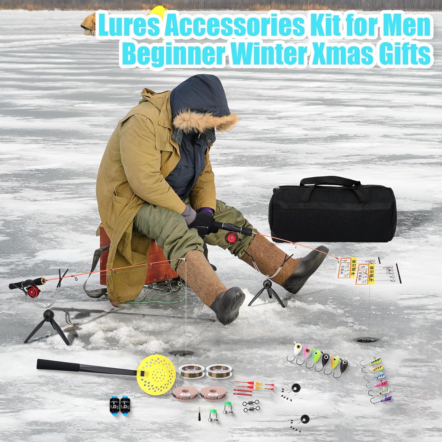 42 Pcs Ice Fishing Rod and Reel Combos Ice Fishing Rod and Holder with Carrier Bag, Pliers, Lip Grip, Reel, Lures, and Accessories Kit for Men Beginner Winter