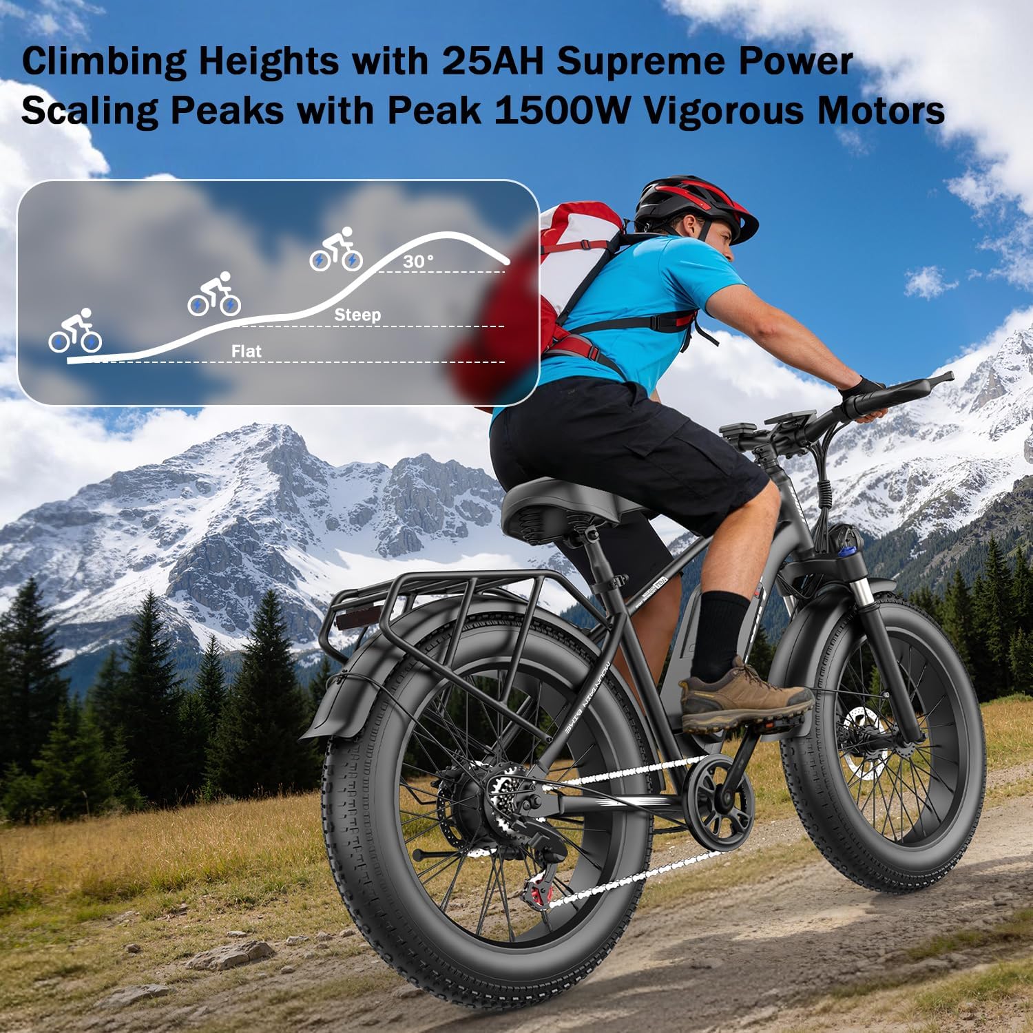 ASKGO Electric Bike for Adults, 1500W Peak Electric Mountain Bike, 25MPH & 65Miles, 26'' x 4'' Fat Tire Ebike with 48V 25Ah Removable Battery, Electric Bicycle with Rear Rack, 7 Speeds