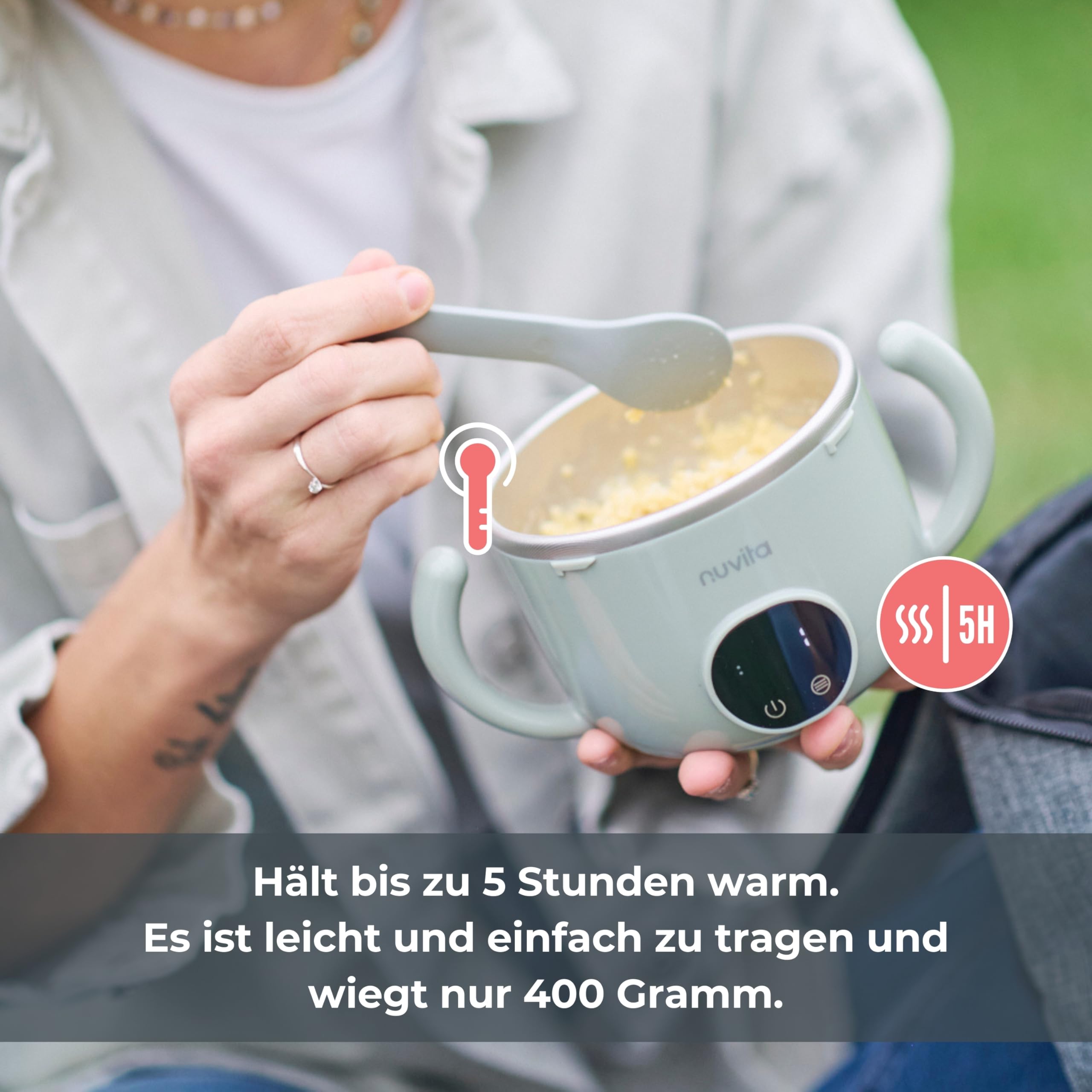 Nuvita 1980 Pappa'n'Go Tragbarer Babykostwärmer – Aufladbar, Wasserdicht, mit intelligenter Temperatursteuerung, Edelstahl-Innenraum und rutschfestem Boden – Ideal für unterwegs