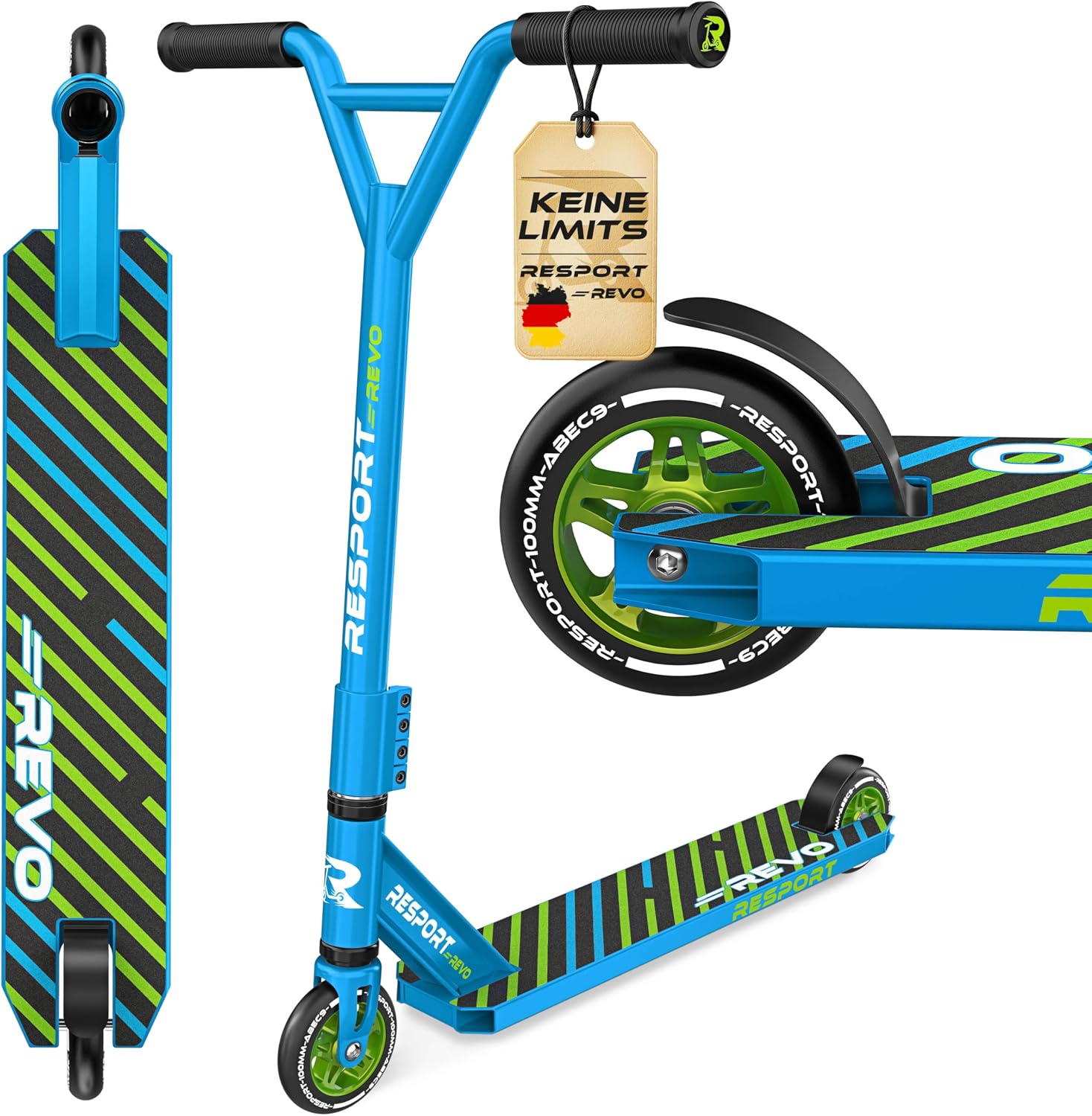 RESPORT Revo Stunt Scooter for Children and Adults with Stand Professional Stunt Scooter 100 mm PU Wheels & Y-Bar Stunt Scooter Kick Scooter ABEC 9 Ball Bearings Scooter Trick Scooter